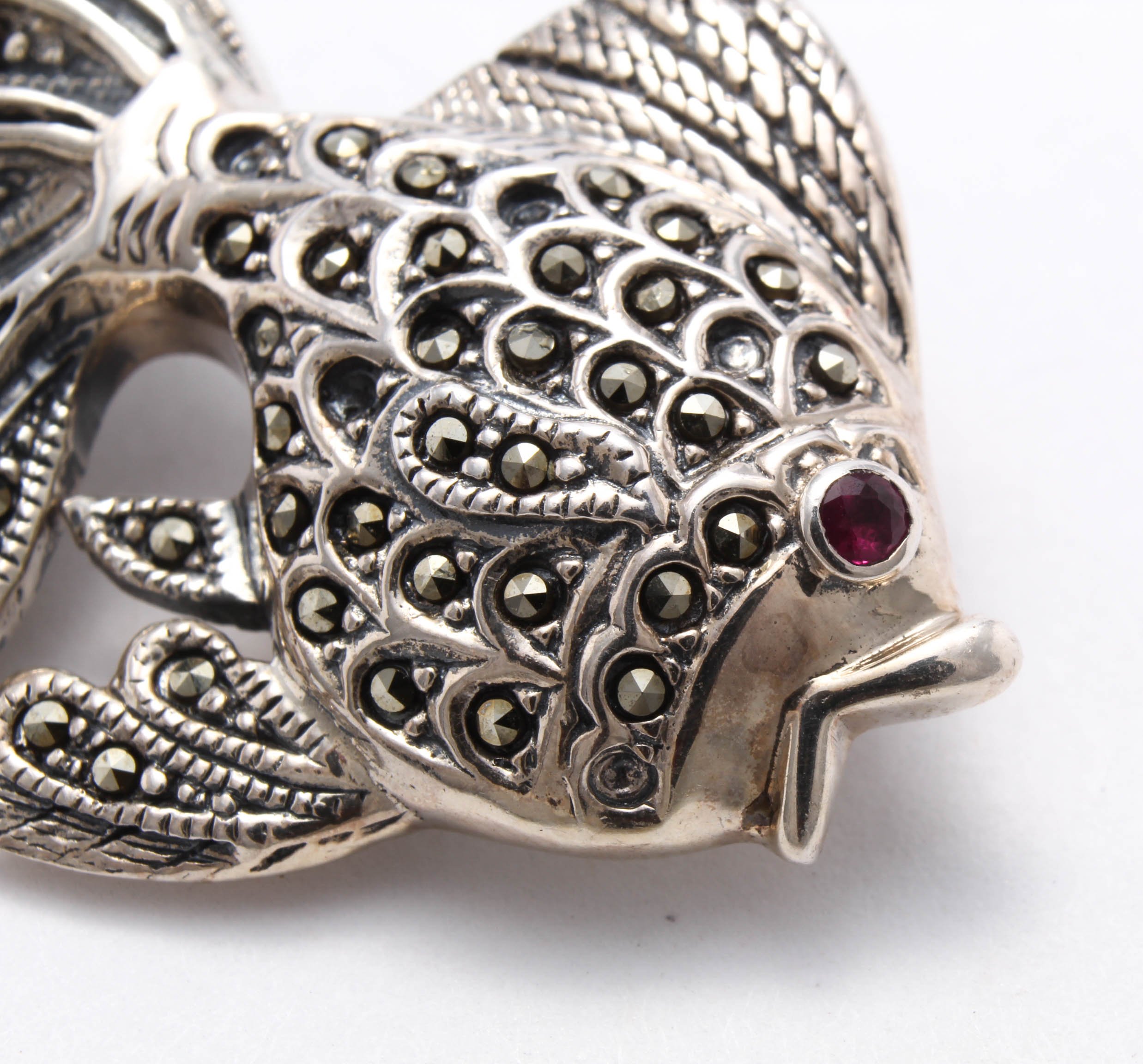 Sterling Silver Synthetic Ruby and Marcasite Brooch