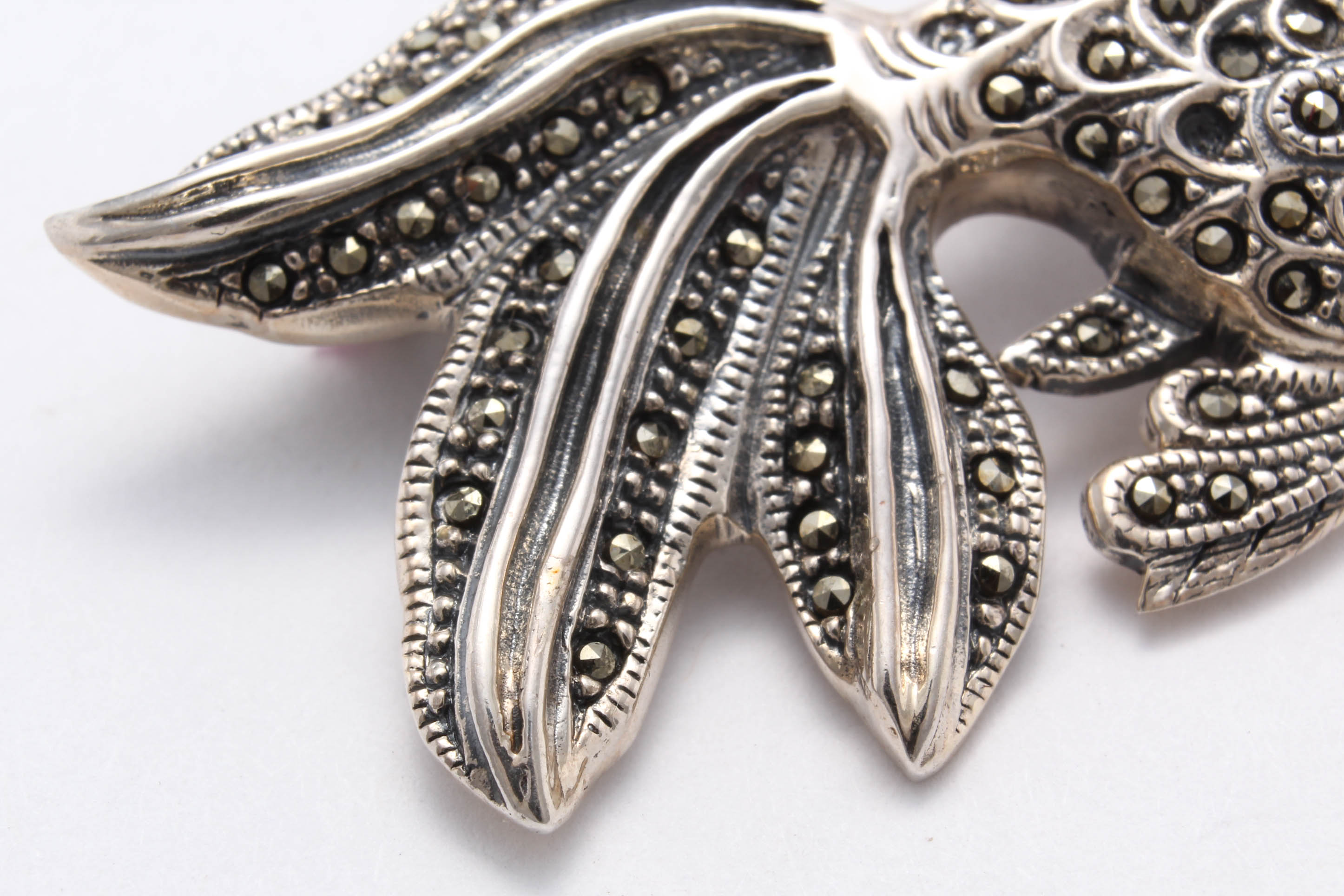 Sterling Silver Synthetic Ruby and Marcasite Brooch