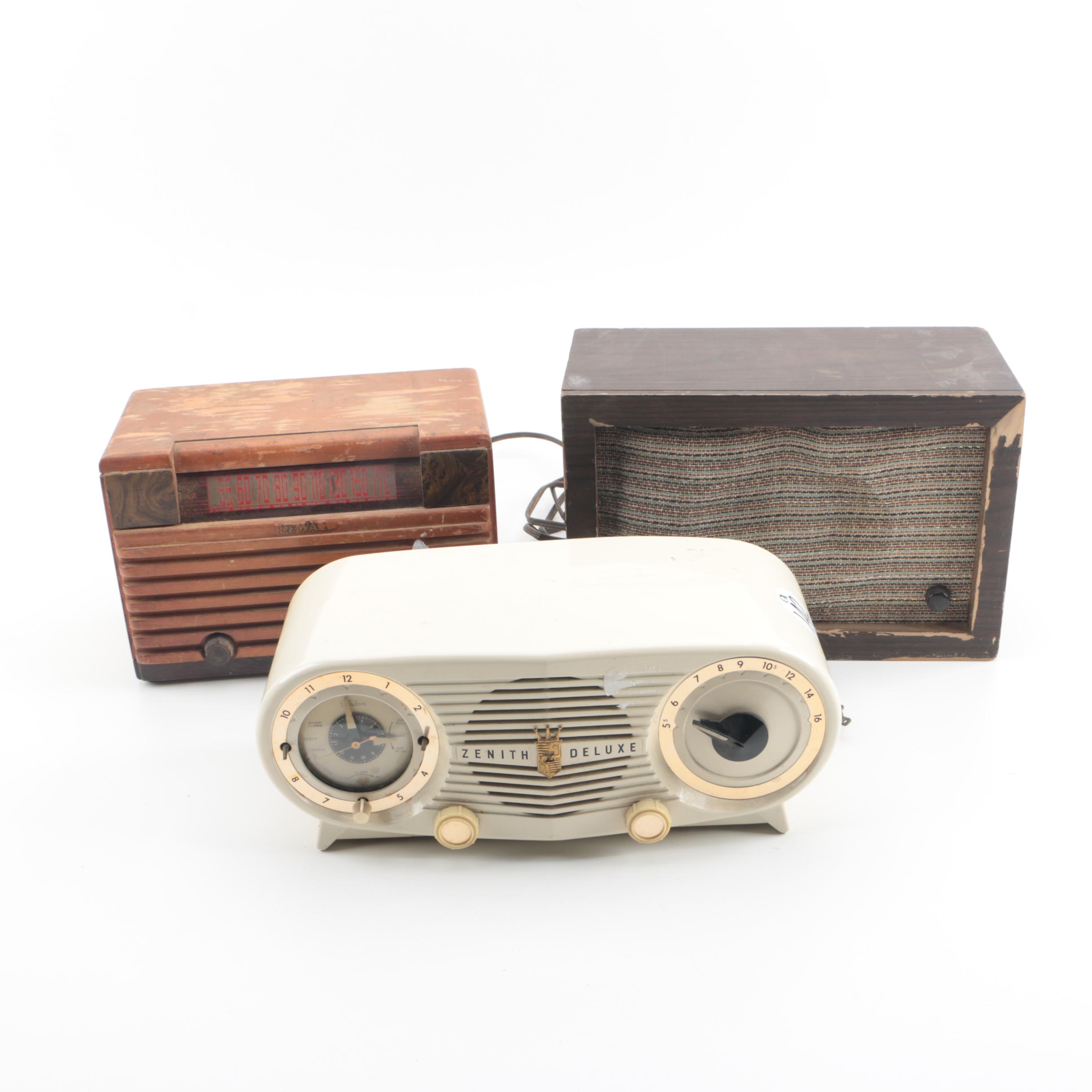 Vintage Zenith Deluxe Clock Radio, DeWald Radio, and Lincoln L-100 Speaker
