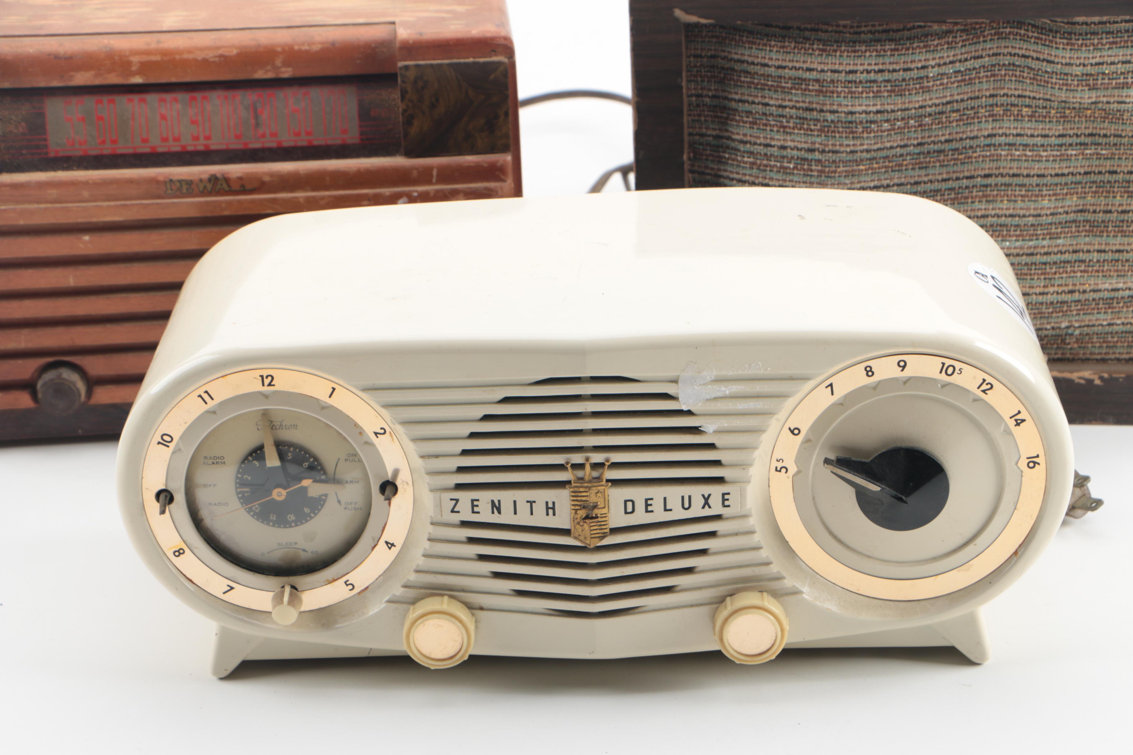 Vintage Zenith Deluxe Clock Radio, DeWald Radio, and Lincoln L-100 Speaker
