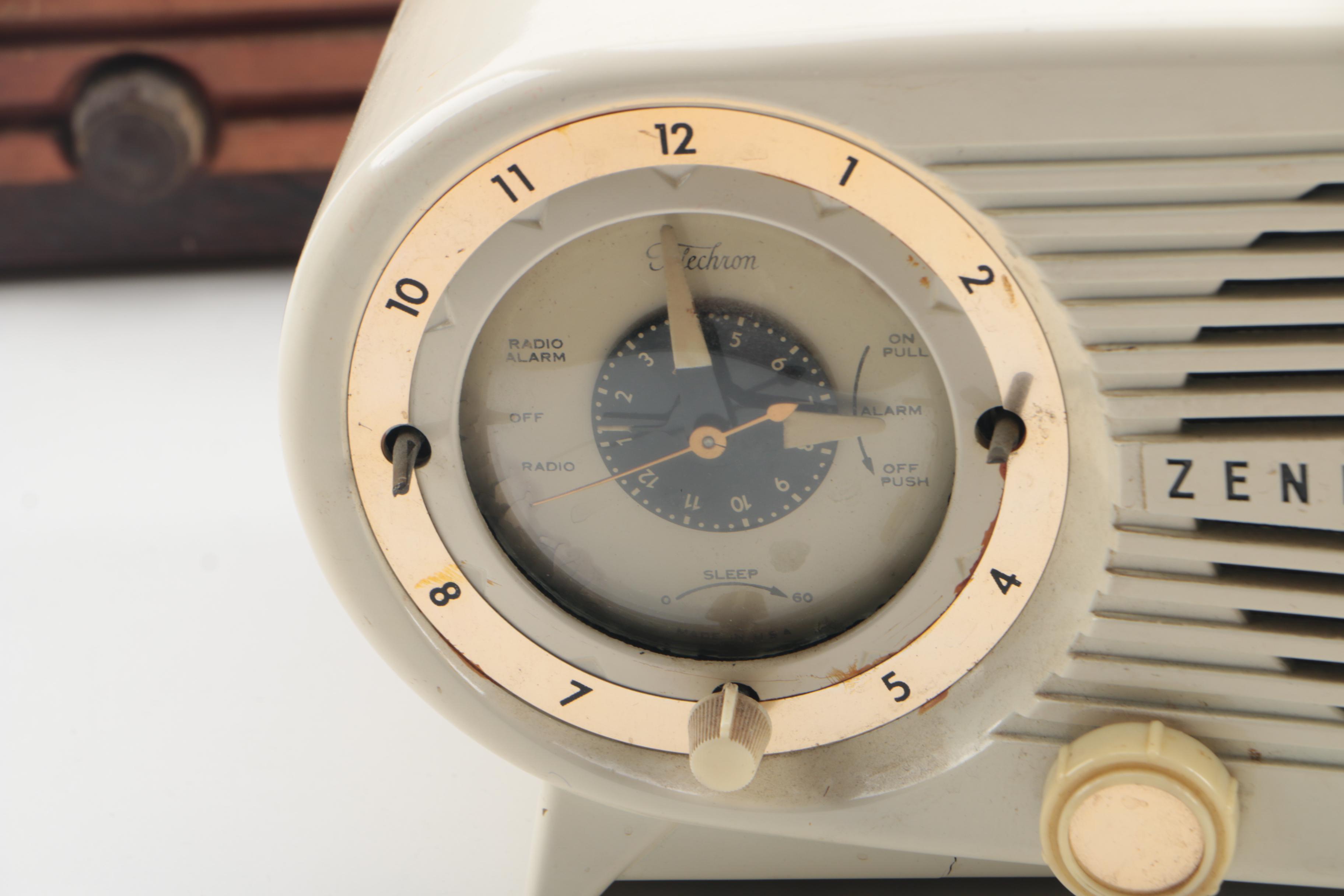Vintage Zenith Deluxe Clock Radio, DeWald Radio, and Lincoln L-100 Speaker
