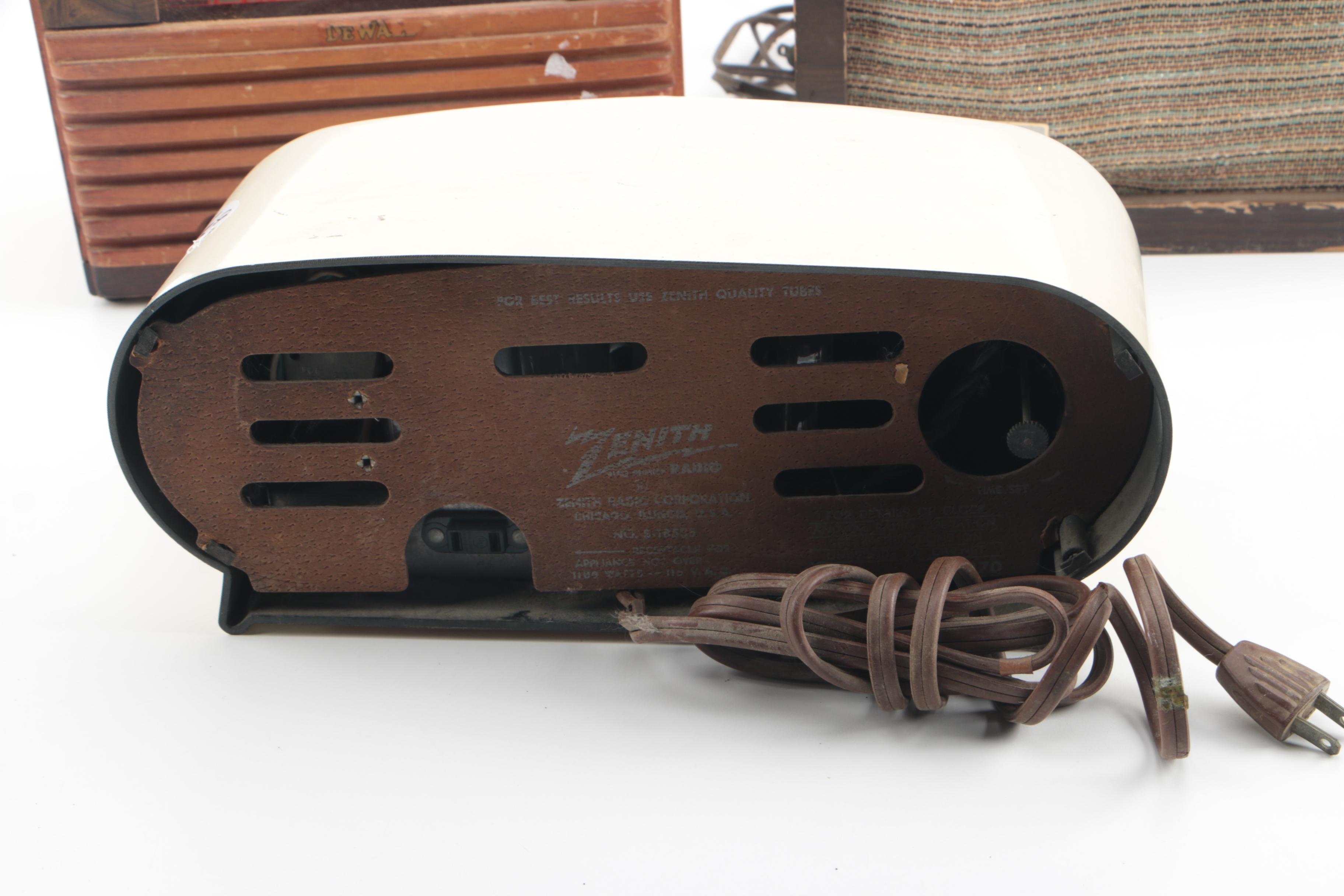 Vintage Zenith Deluxe Clock Radio, DeWald Radio, and Lincoln L-100 Speaker