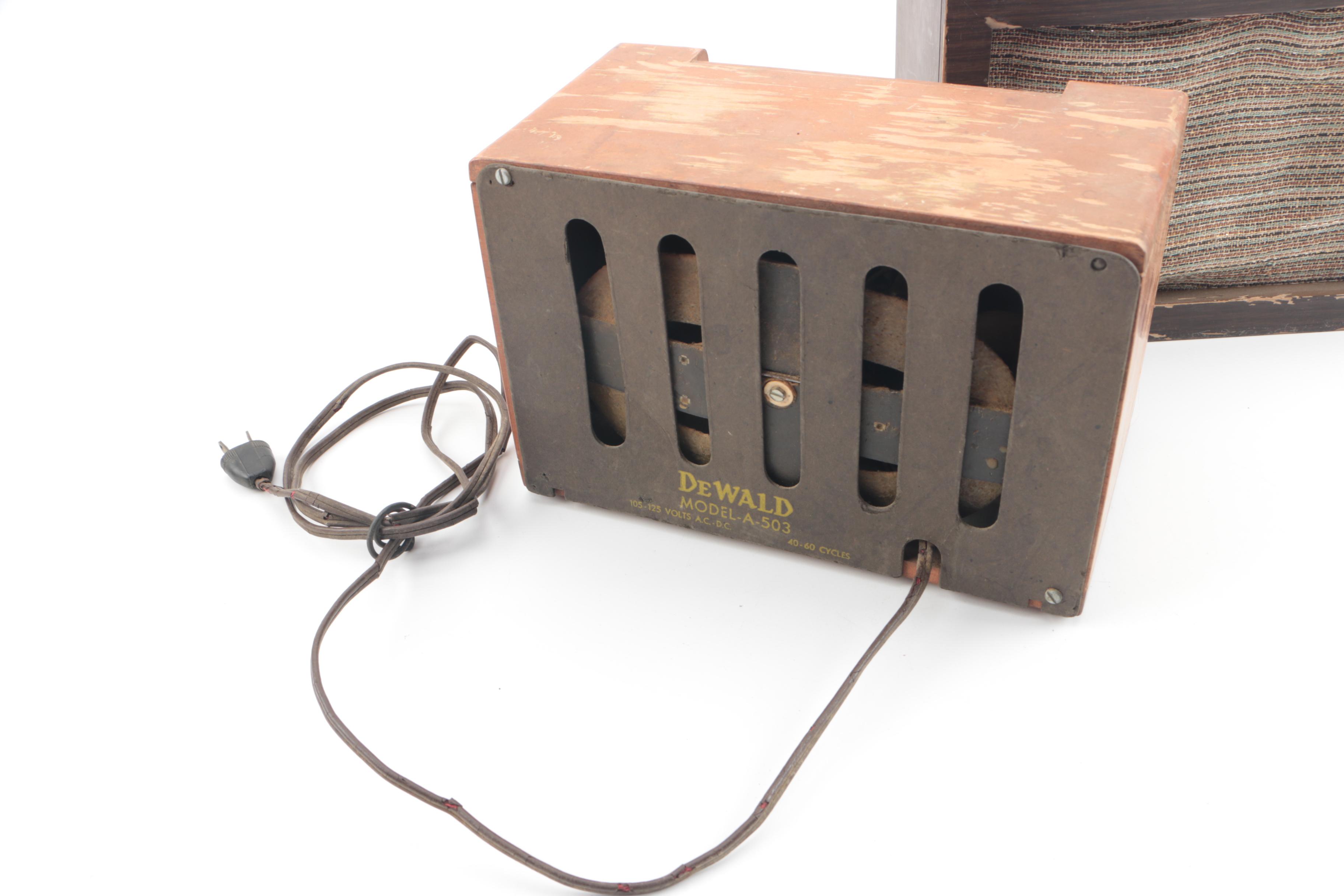 Vintage Zenith Deluxe Clock Radio, DeWald Radio, and Lincoln L-100 Speaker