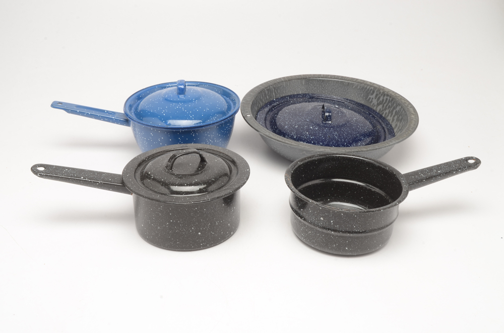 Assorted Mid-Century Kitchen Pots, Pans, and More