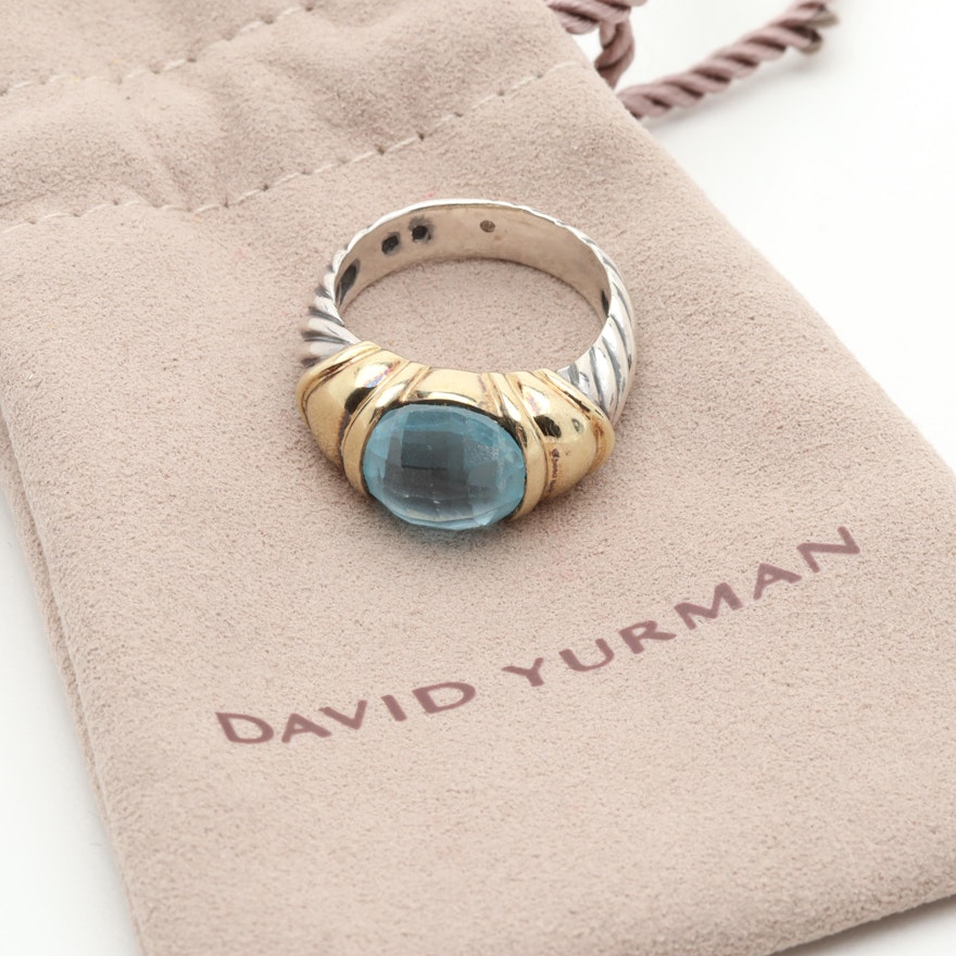 David Yurman Sterling Silver 14K Yellow Gold Blue Topaz Capri Ring