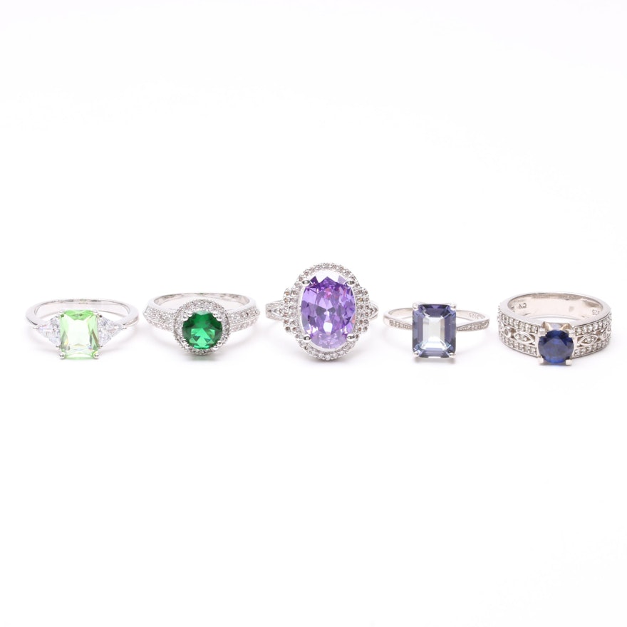 Sterling and Silver Tone Rings Including Synthetic Spinel and Synthetic Sapphire