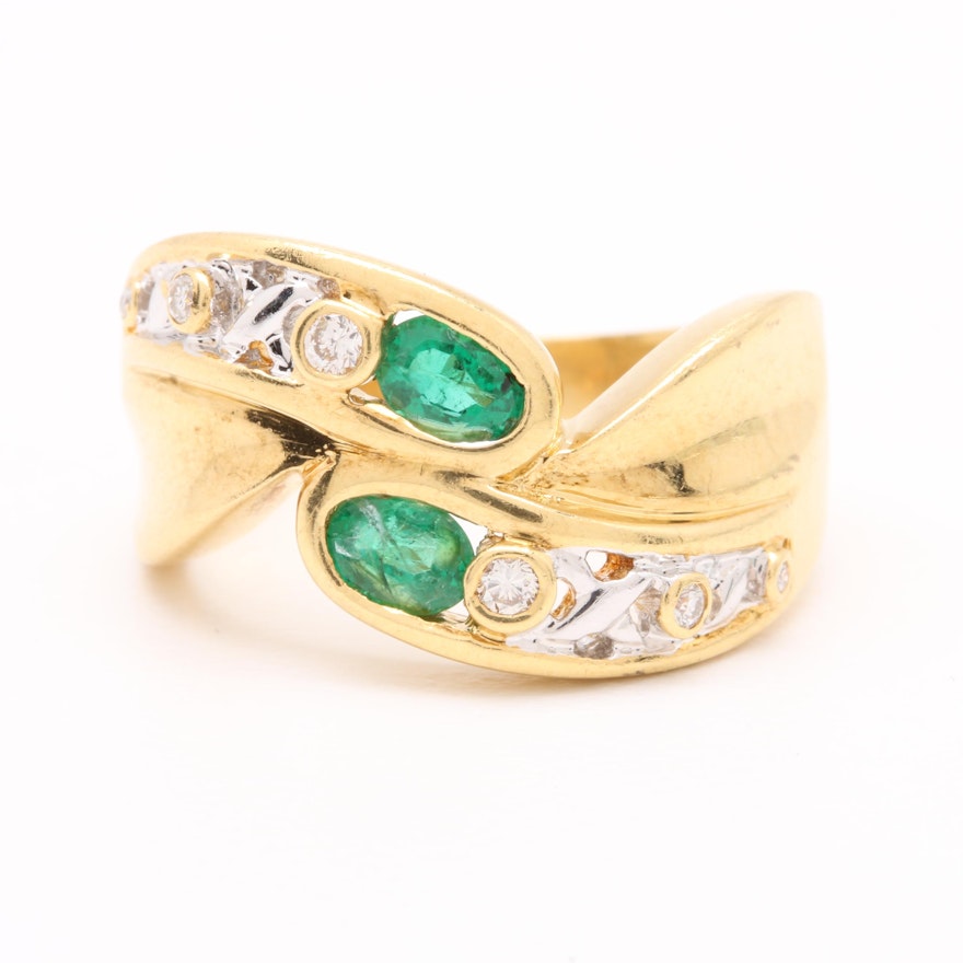 18K Yellow Gold Emerald and Diamond Bypass Ring