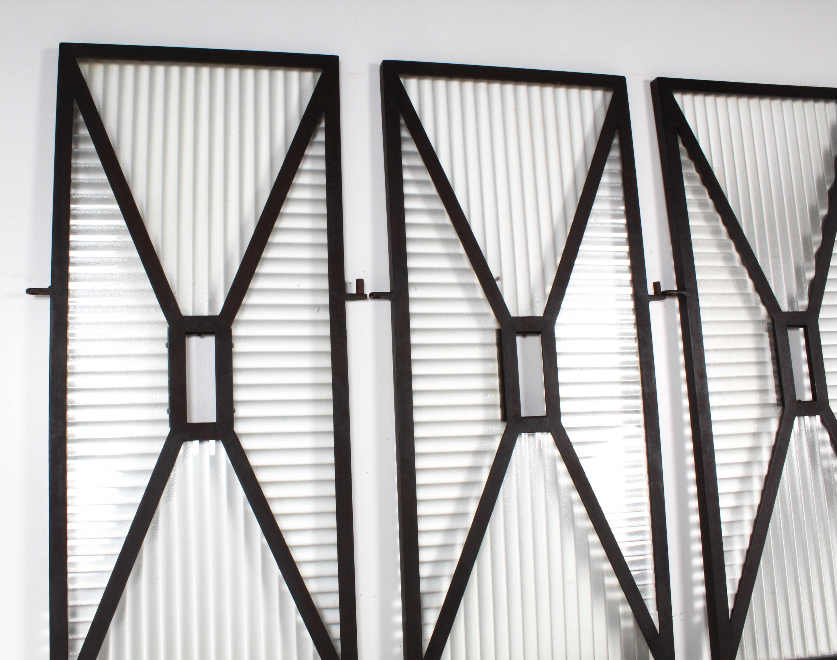 Mid Century Custom Iron and Corrugated Glass Privacy Screen