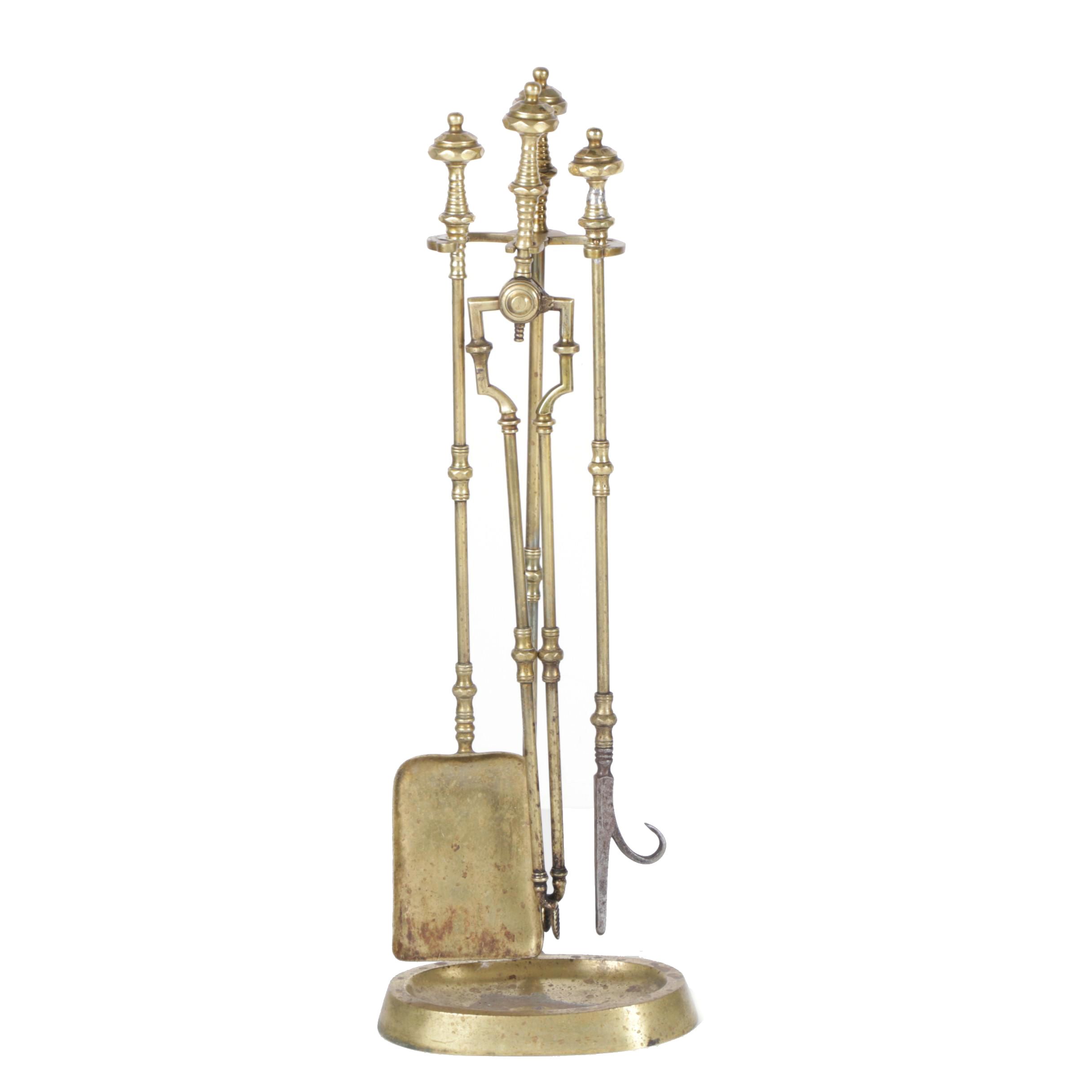 England Heavy Brass Fireplace Tool Set
