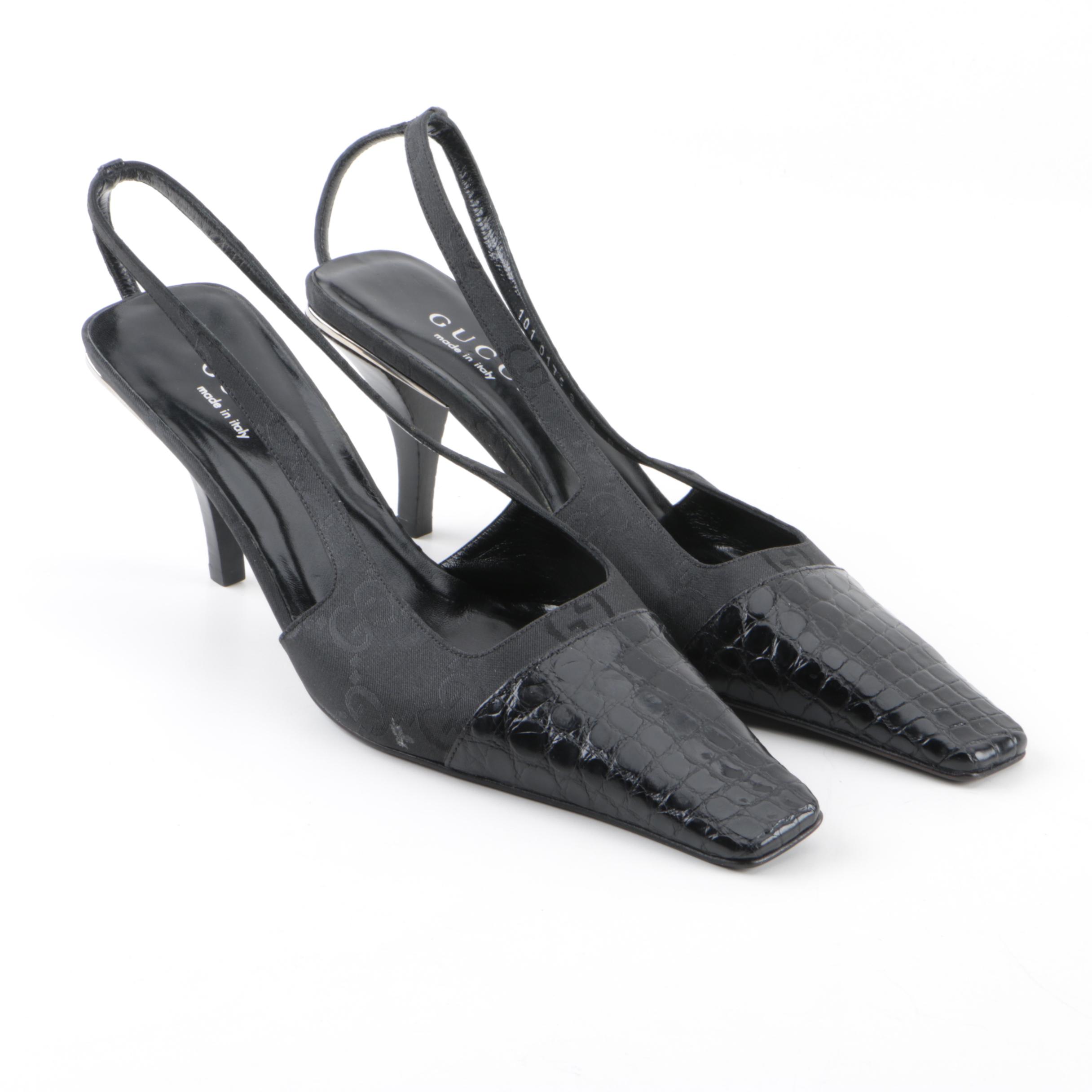 Gucci Black Crocodile and GG Canvas Slingbacks