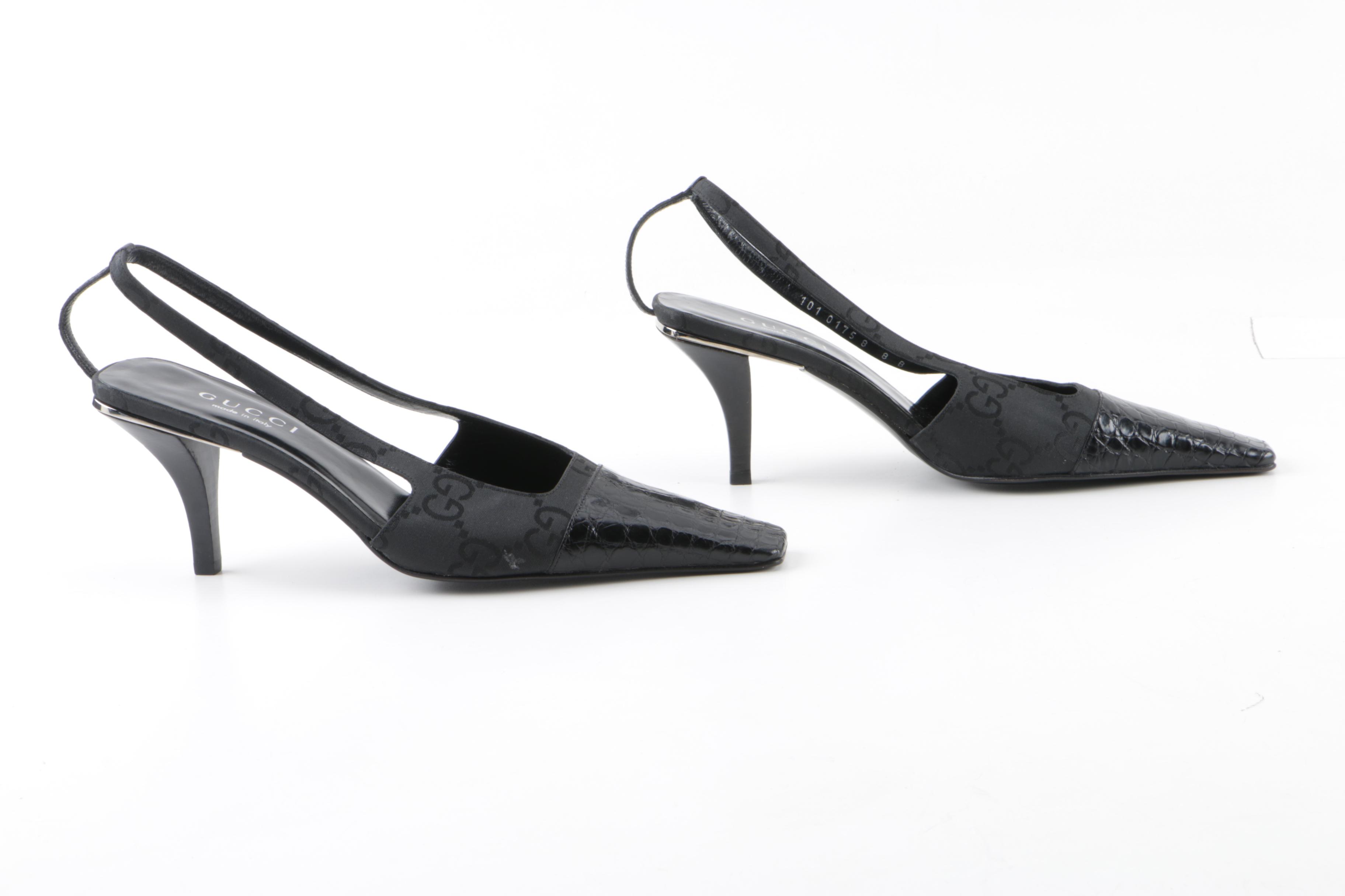 Gucci Black Crocodile and GG Canvas Slingbacks