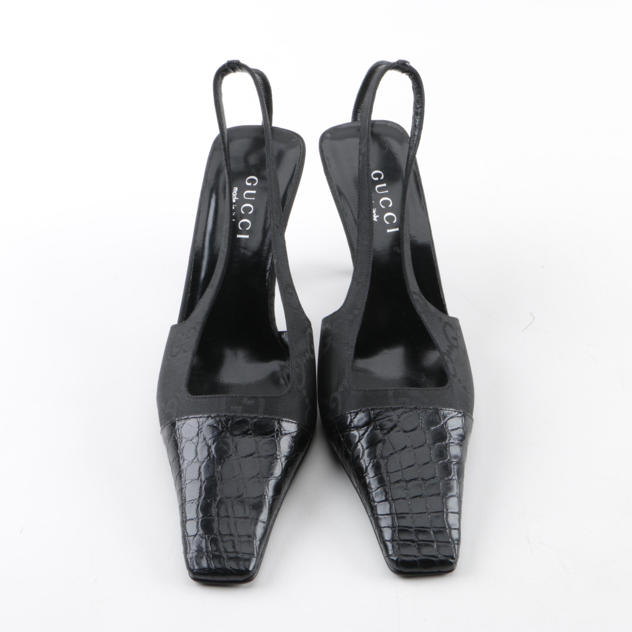 Gucci Black Crocodile and GG Canvas Slingbacks
