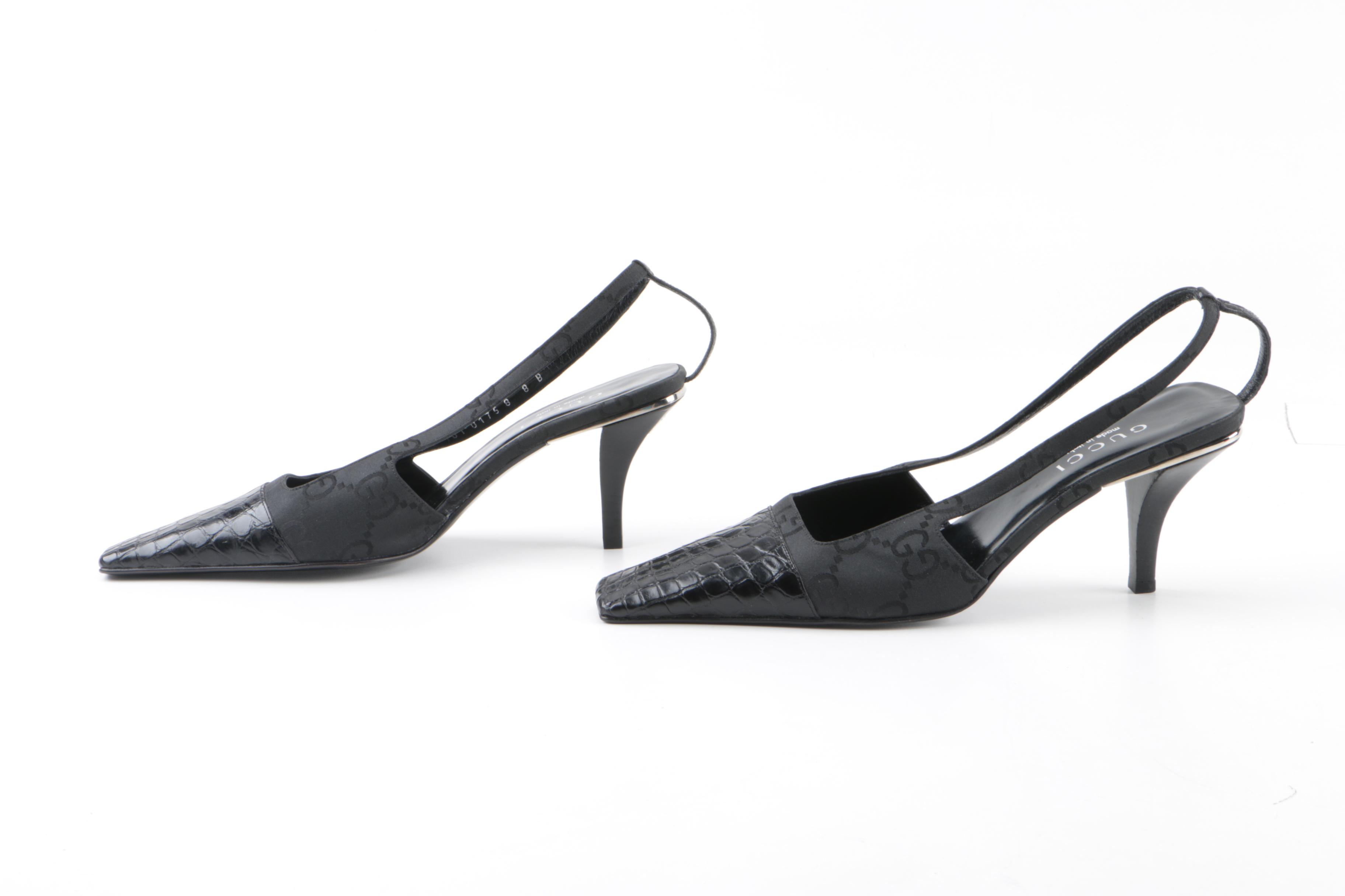 Gucci Black Crocodile and GG Canvas Slingbacks