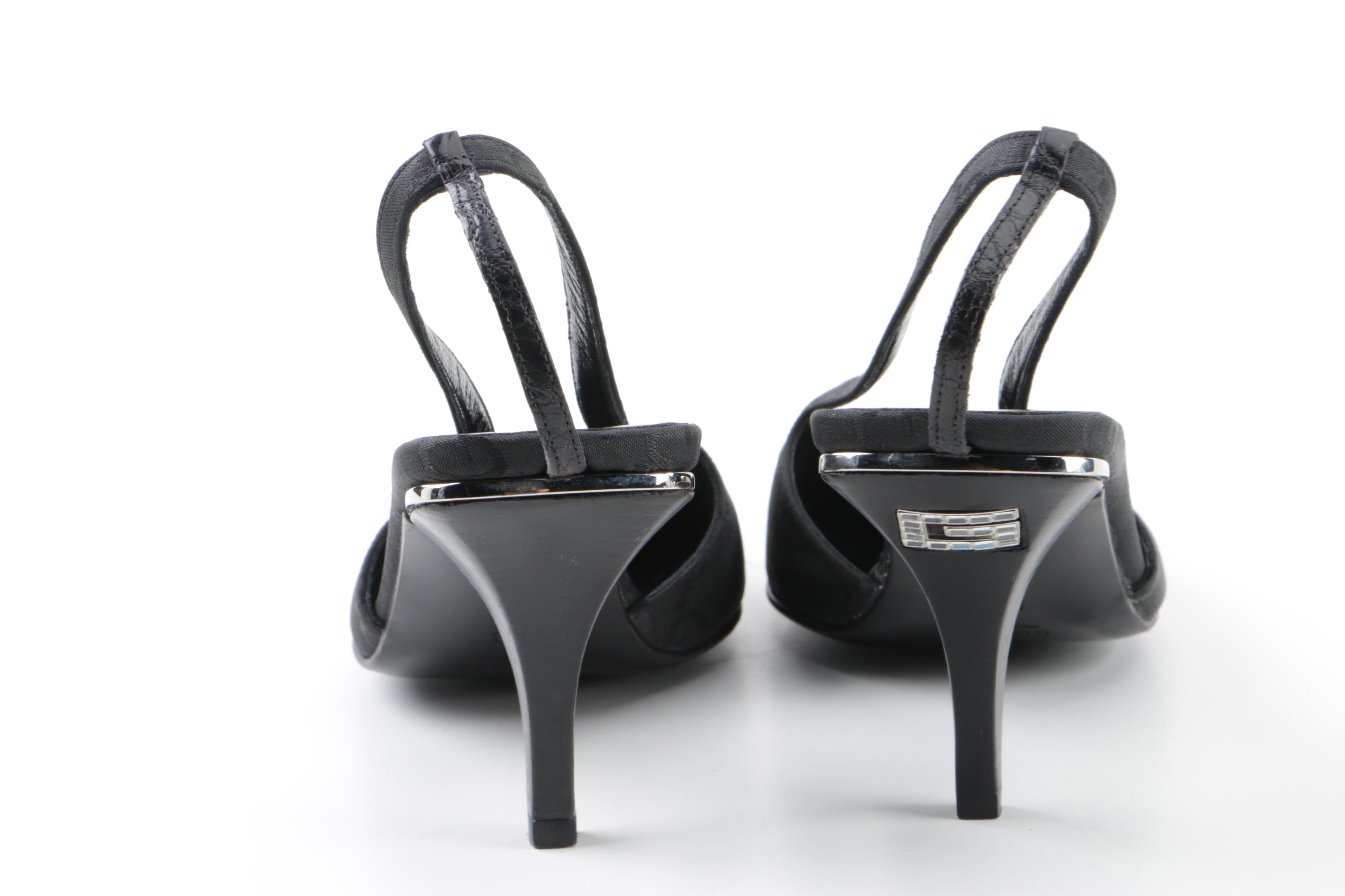 Gucci Black Crocodile and GG Canvas Slingbacks