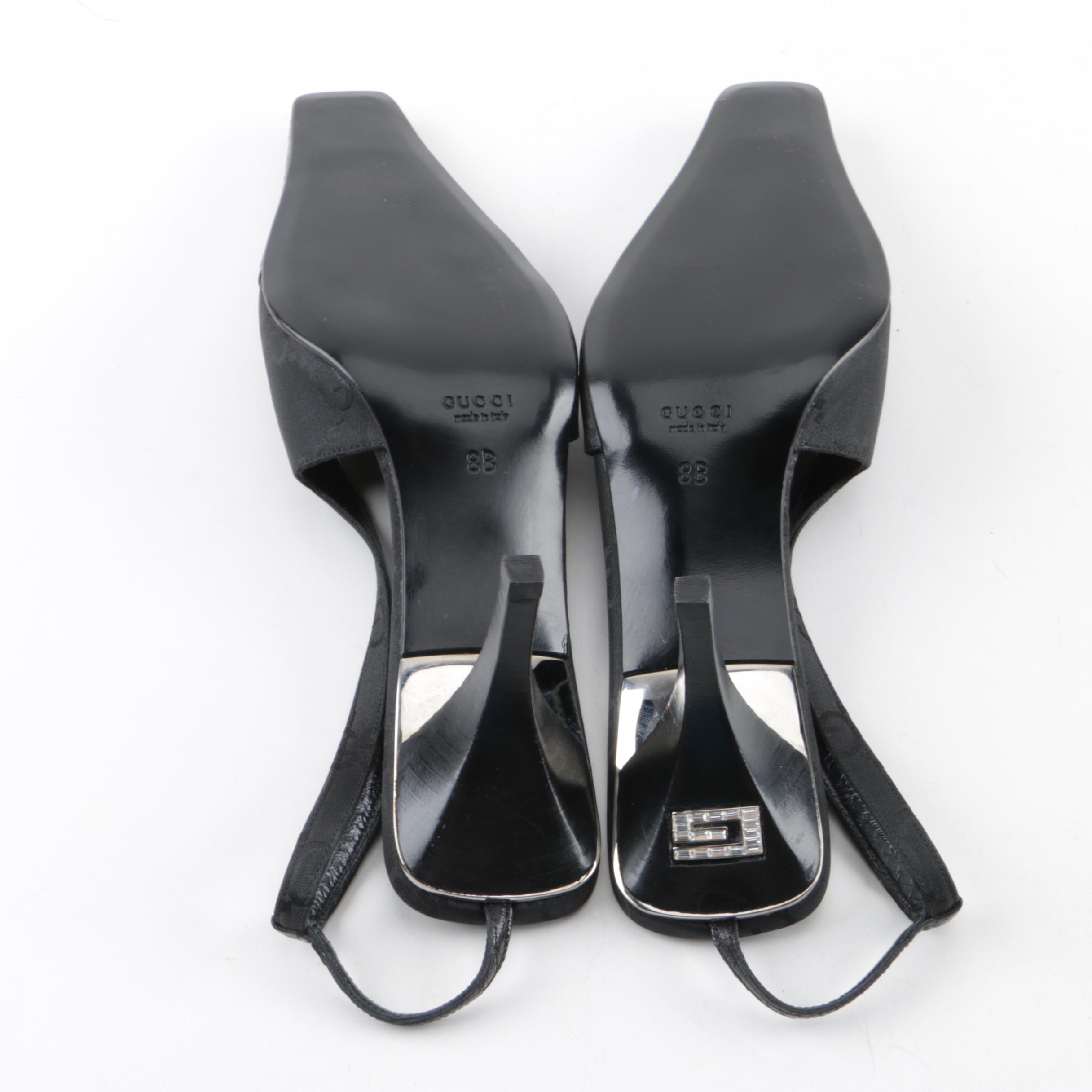 Gucci Black Crocodile and GG Canvas Slingbacks