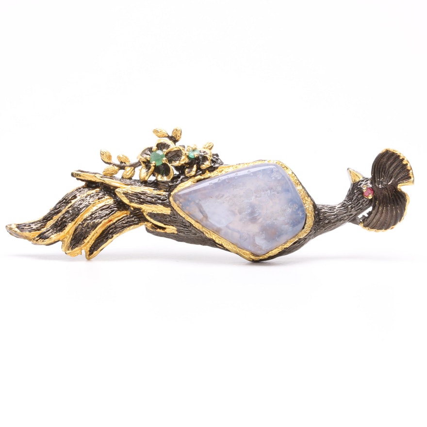 Sterling Silver Chalcedony, Emerald and Garnet Brooch with Gold Wash Accents