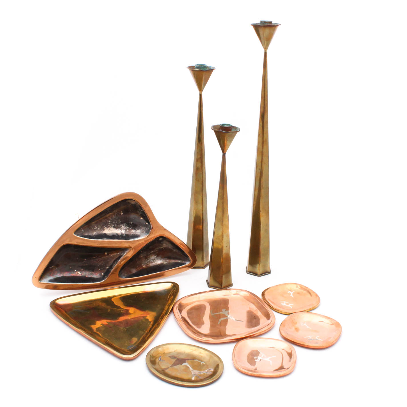 Los Castillos Taxco, Mexico Mixed Metals Trays and Brass Candlesticks