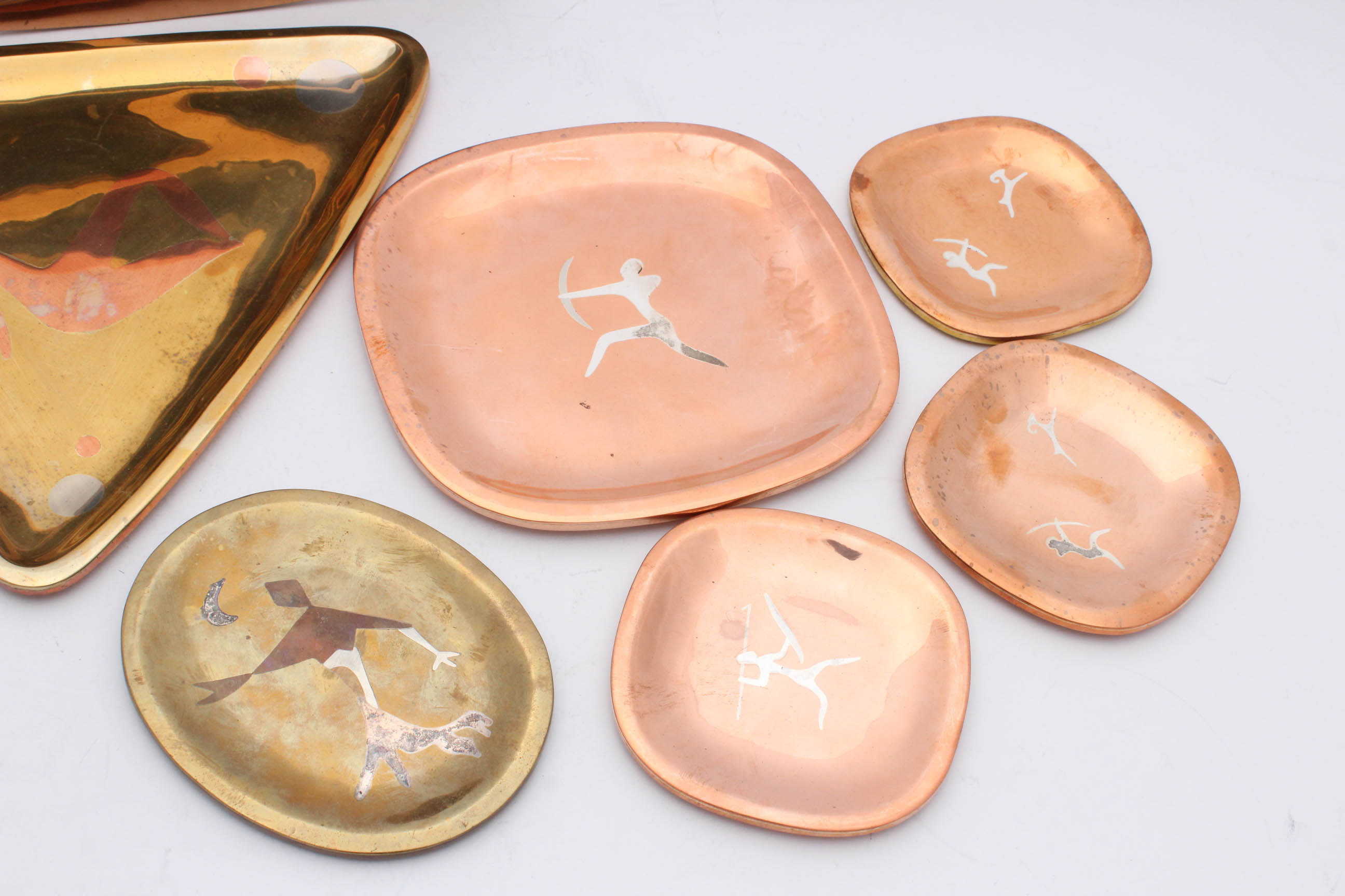 Los Castillos Taxco, Mexico Mixed Metals Trays and Brass Candlesticks