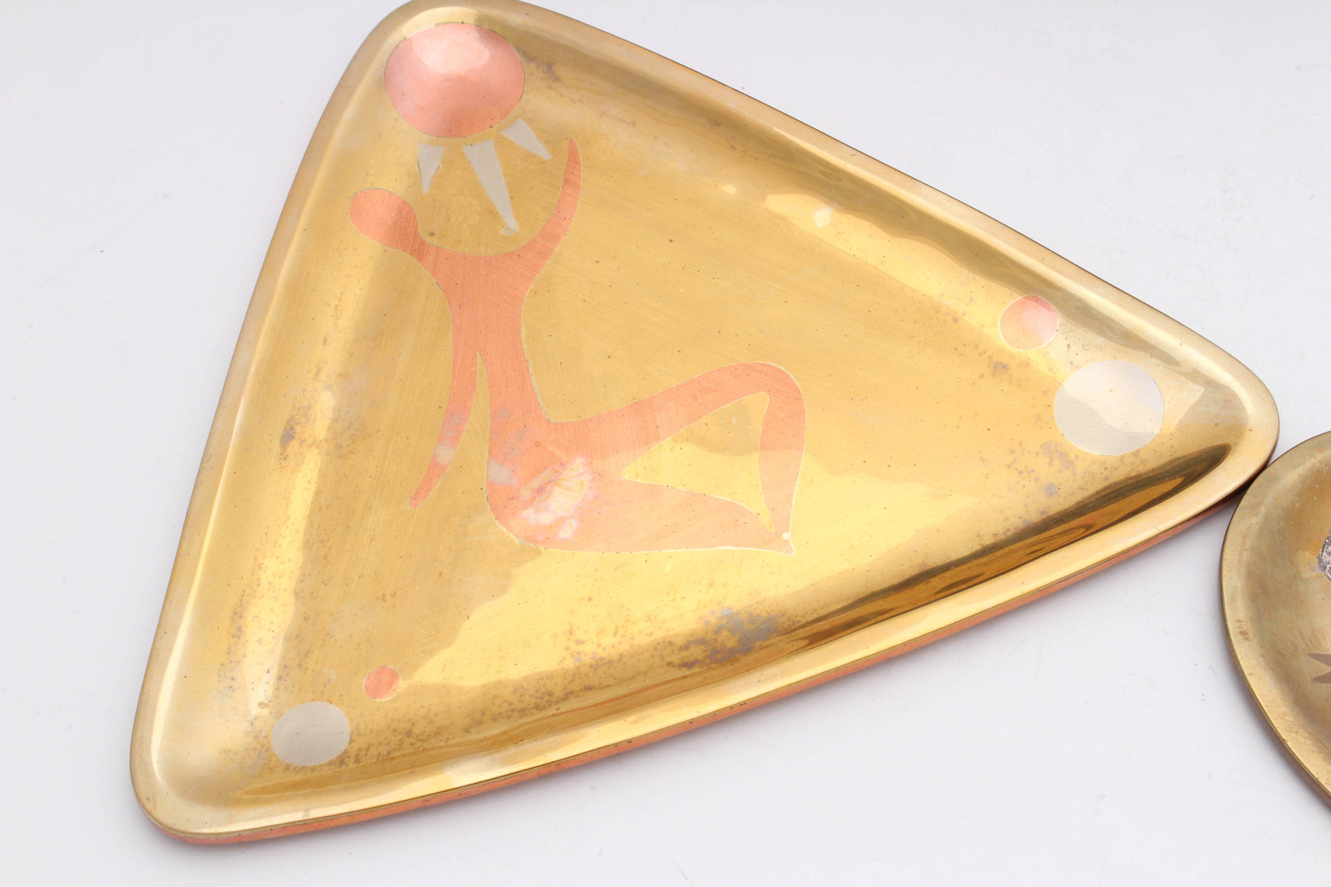 Los Castillos Taxco, Mexico Mixed Metals Trays and Brass Candlesticks