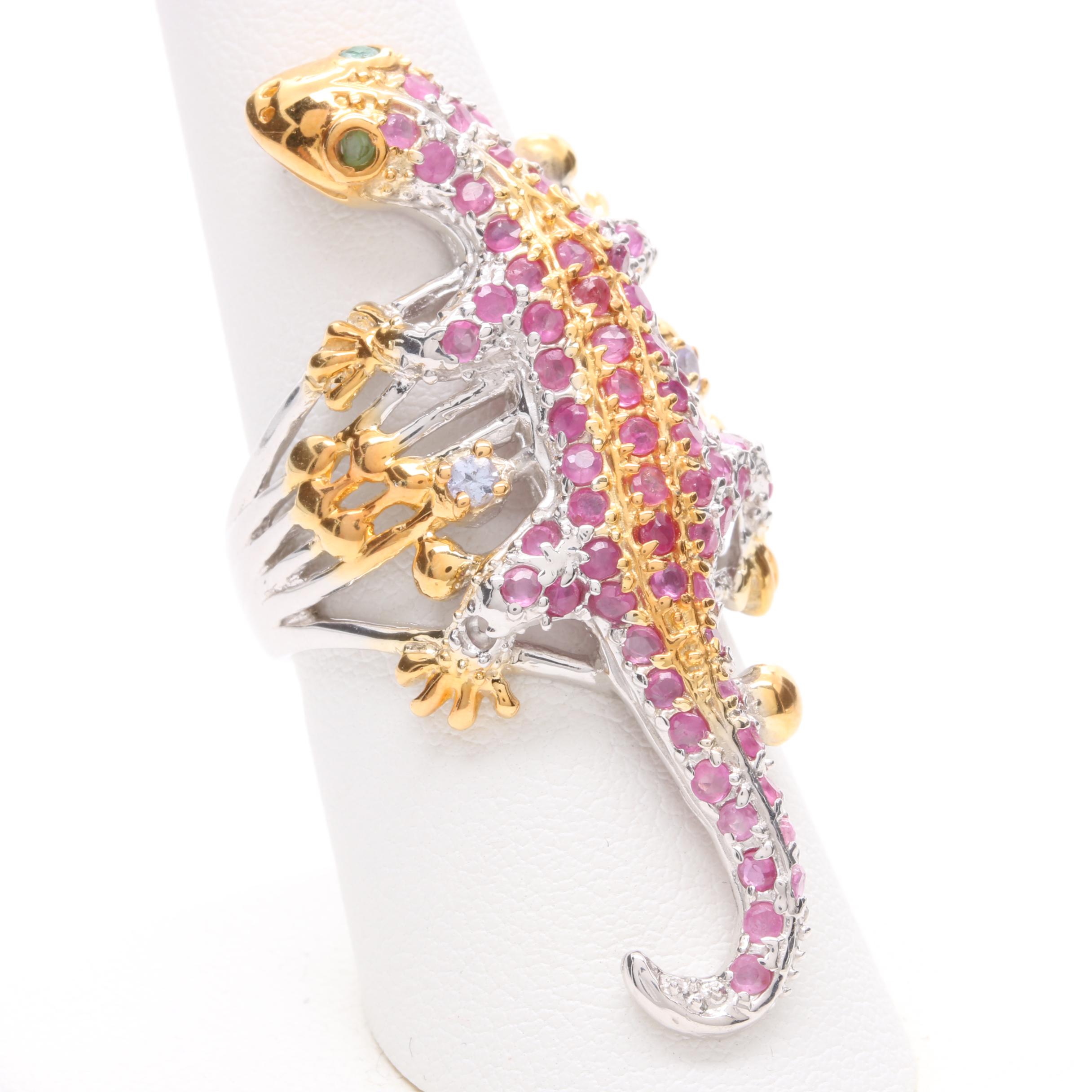 Sterling Silver Ruby, Emerald and Tanzanite Salamander Ring