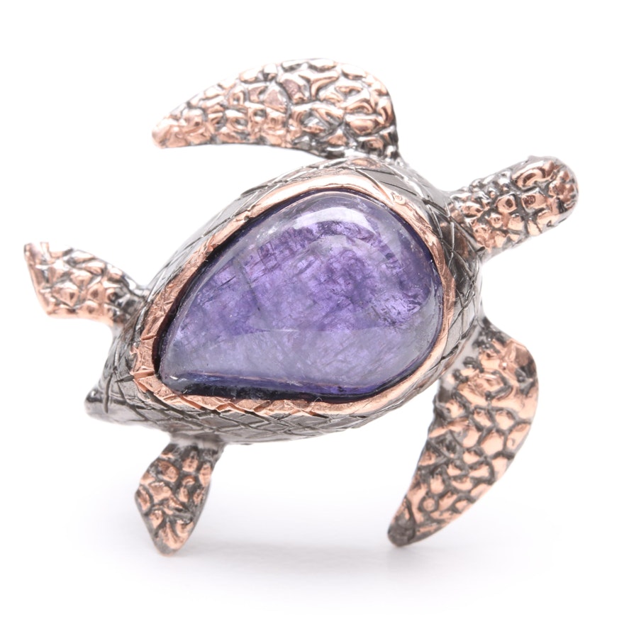 Sterling Silver Tanzanite Sea Turtle Brooch with Gold Wash Accents