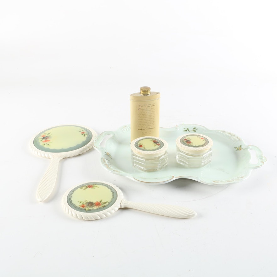 Vintage Vanity Accessories with Ceramic Tray and Colgate Talc Powder Bottle