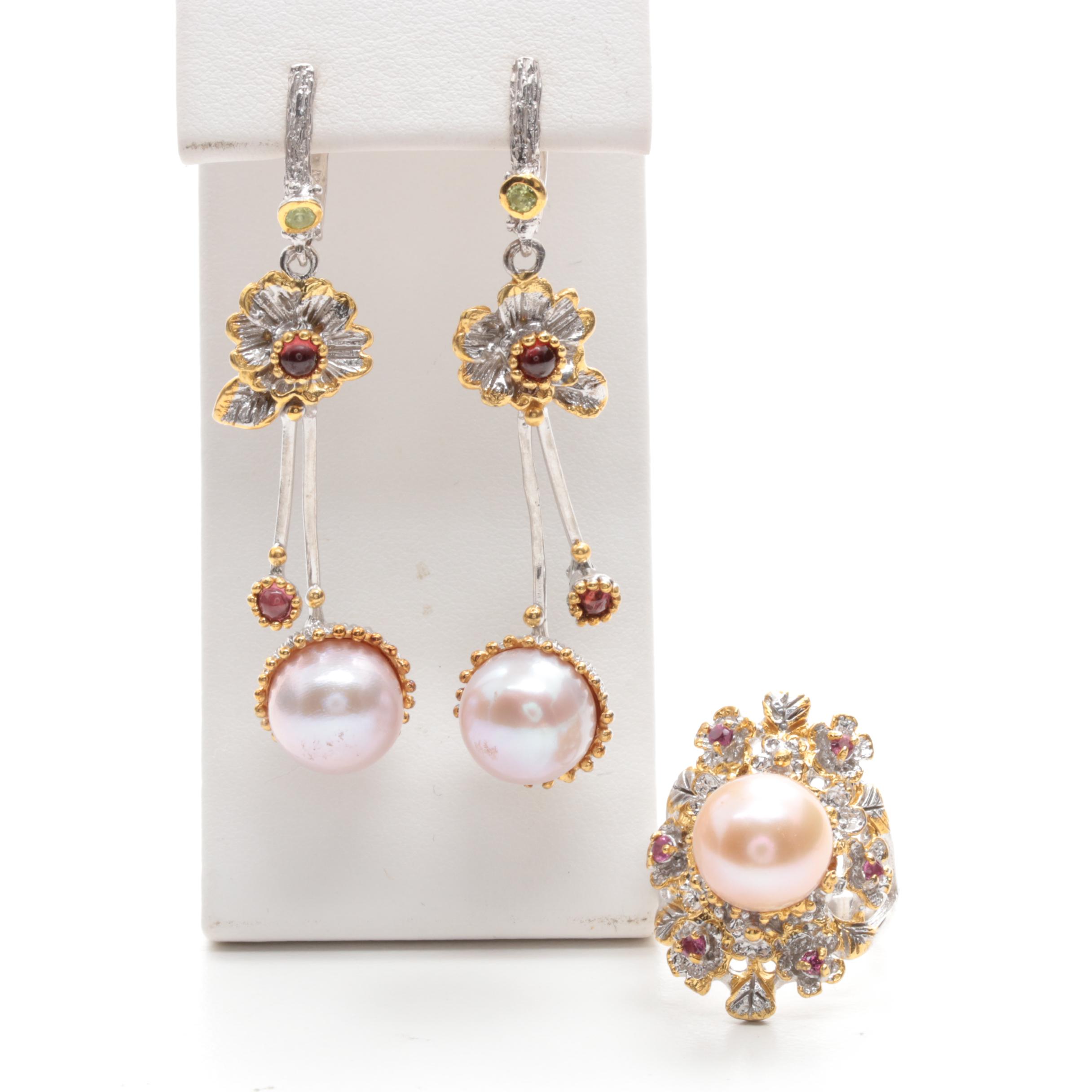 Sterling Silver Cultured Pearl, Garnet and Peridot Ring and Earrings