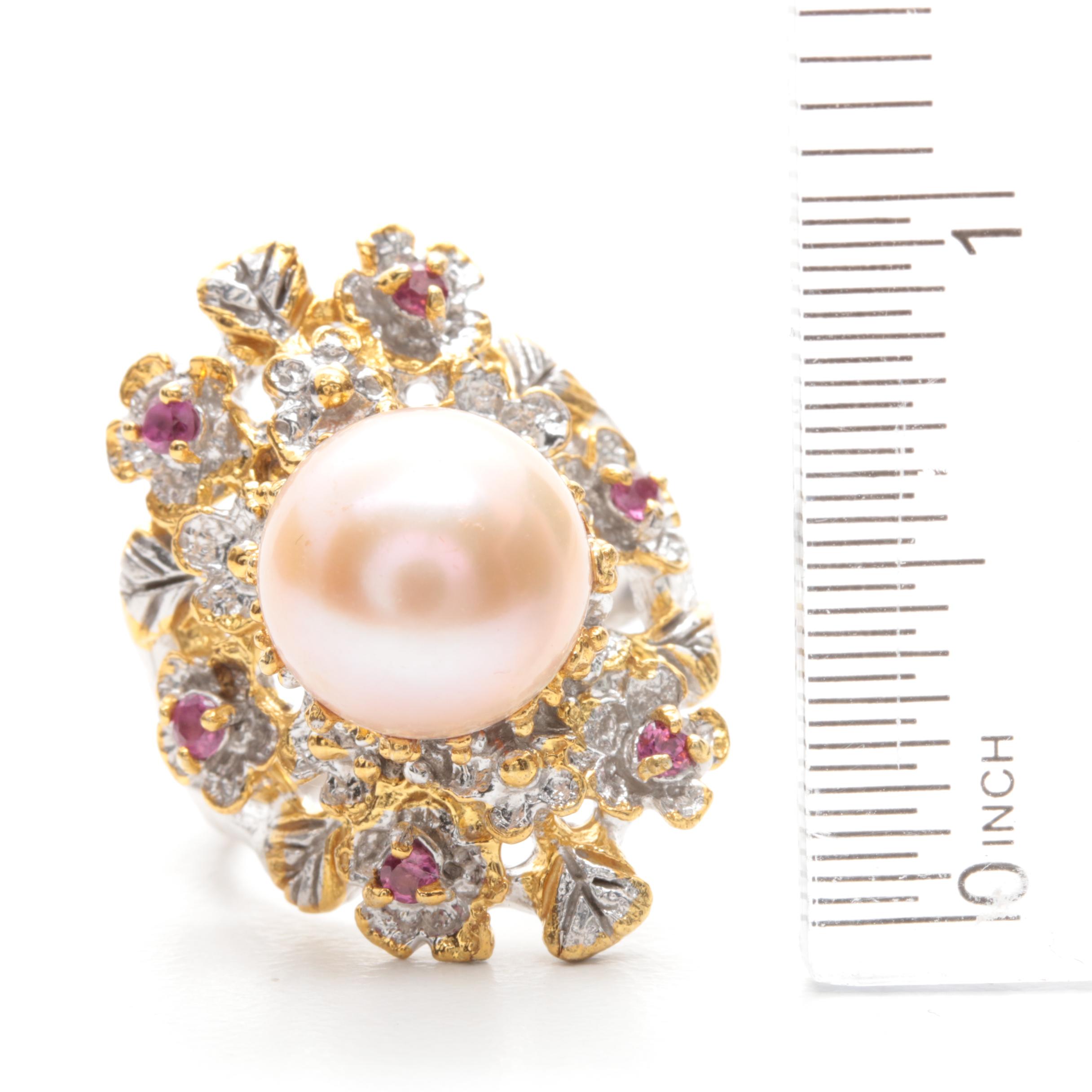 Sterling Silver Cultured Pearl, Garnet and Peridot Ring and Earrings