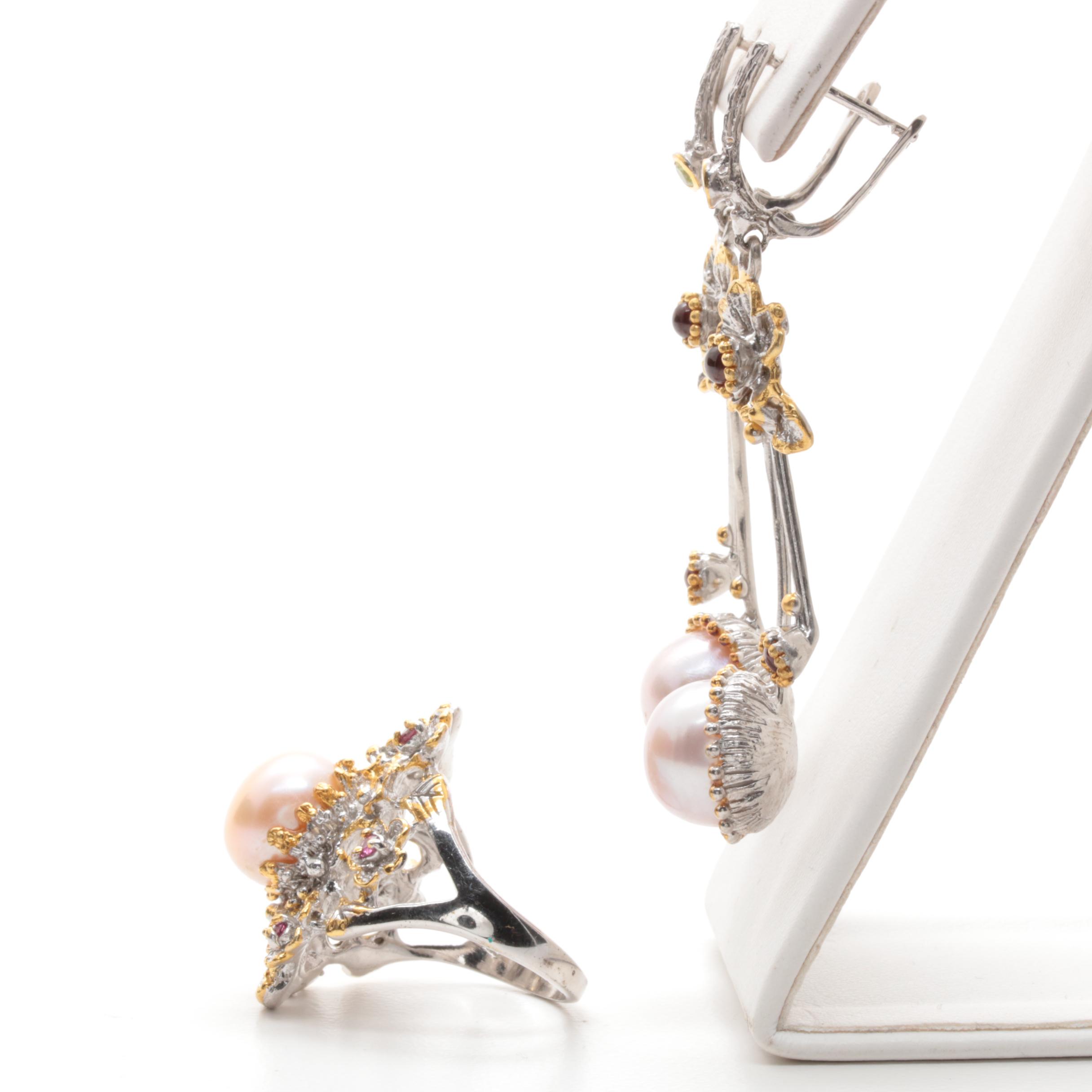 Sterling Silver Cultured Pearl, Garnet and Peridot Ring and Earrings