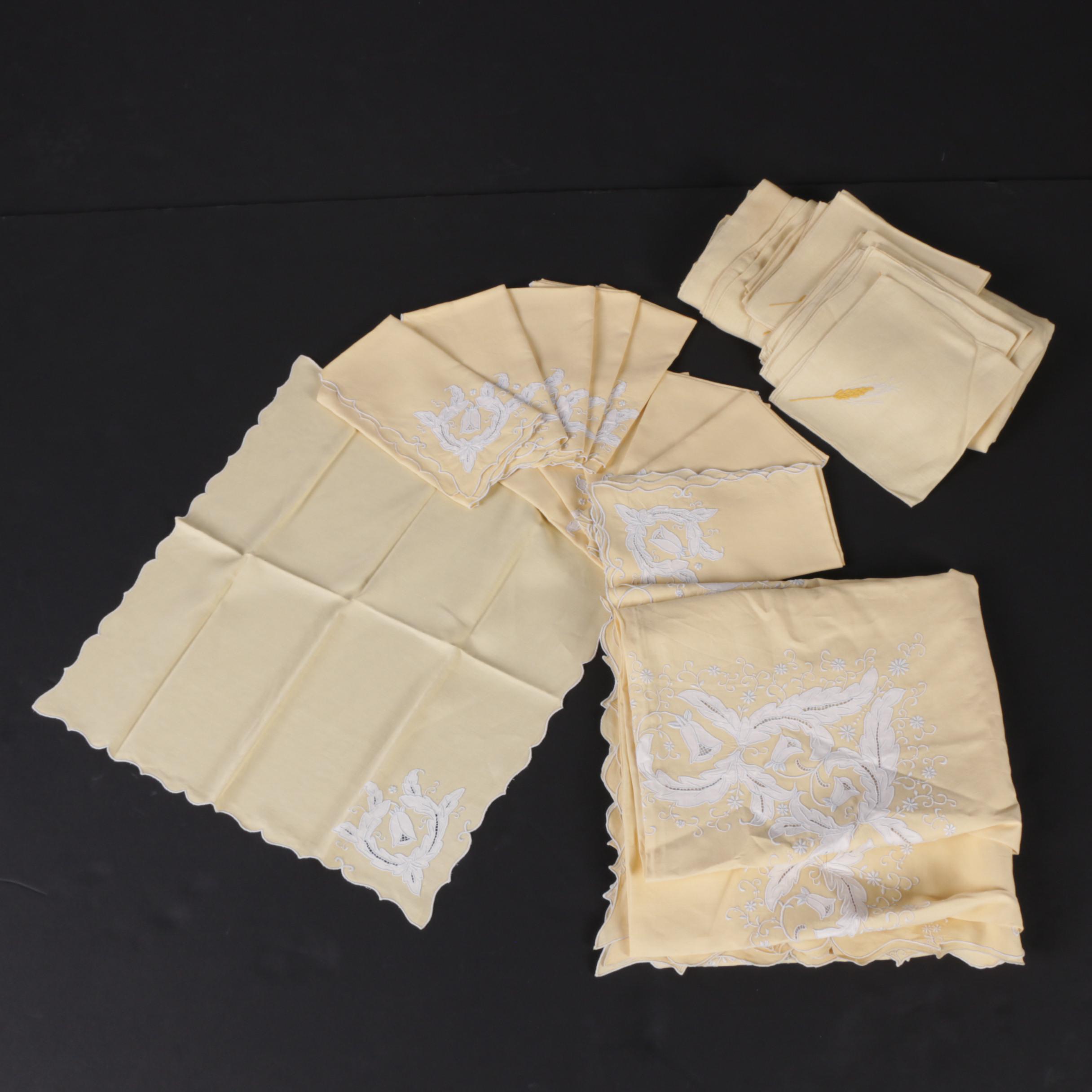 Vintage Yellow Embroidered Tablecloth and Napkin Sets
