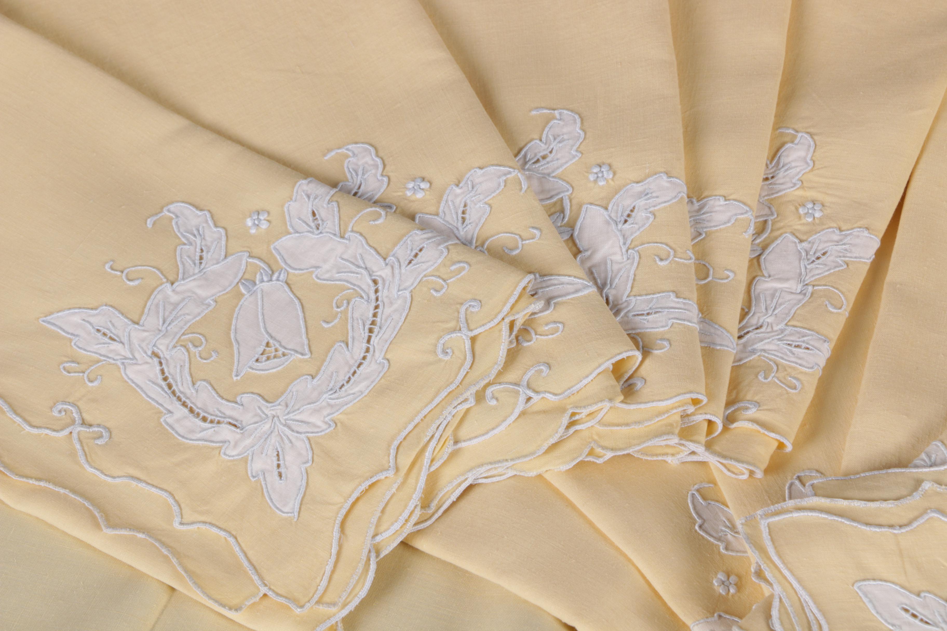 Vintage Yellow Embroidered Tablecloth and Napkin Sets