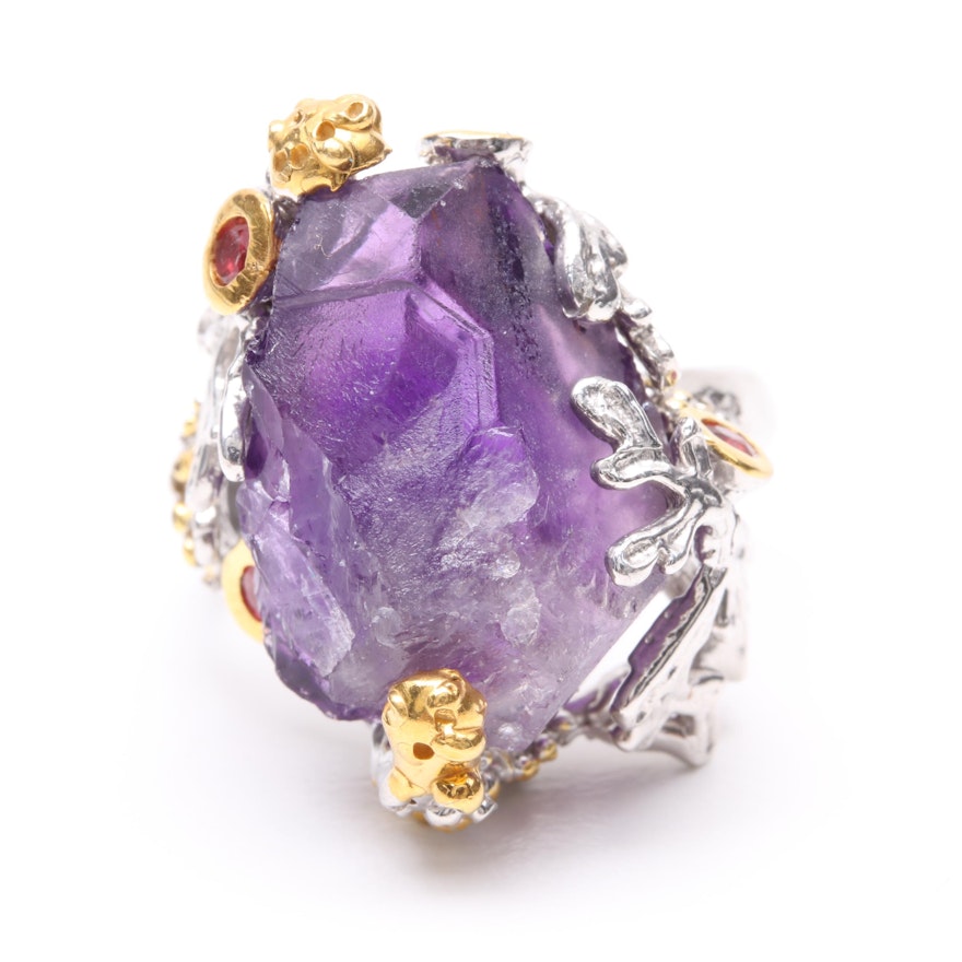 Sterling Silver Amethyst and Ruby Ring with Gold Wash Accents