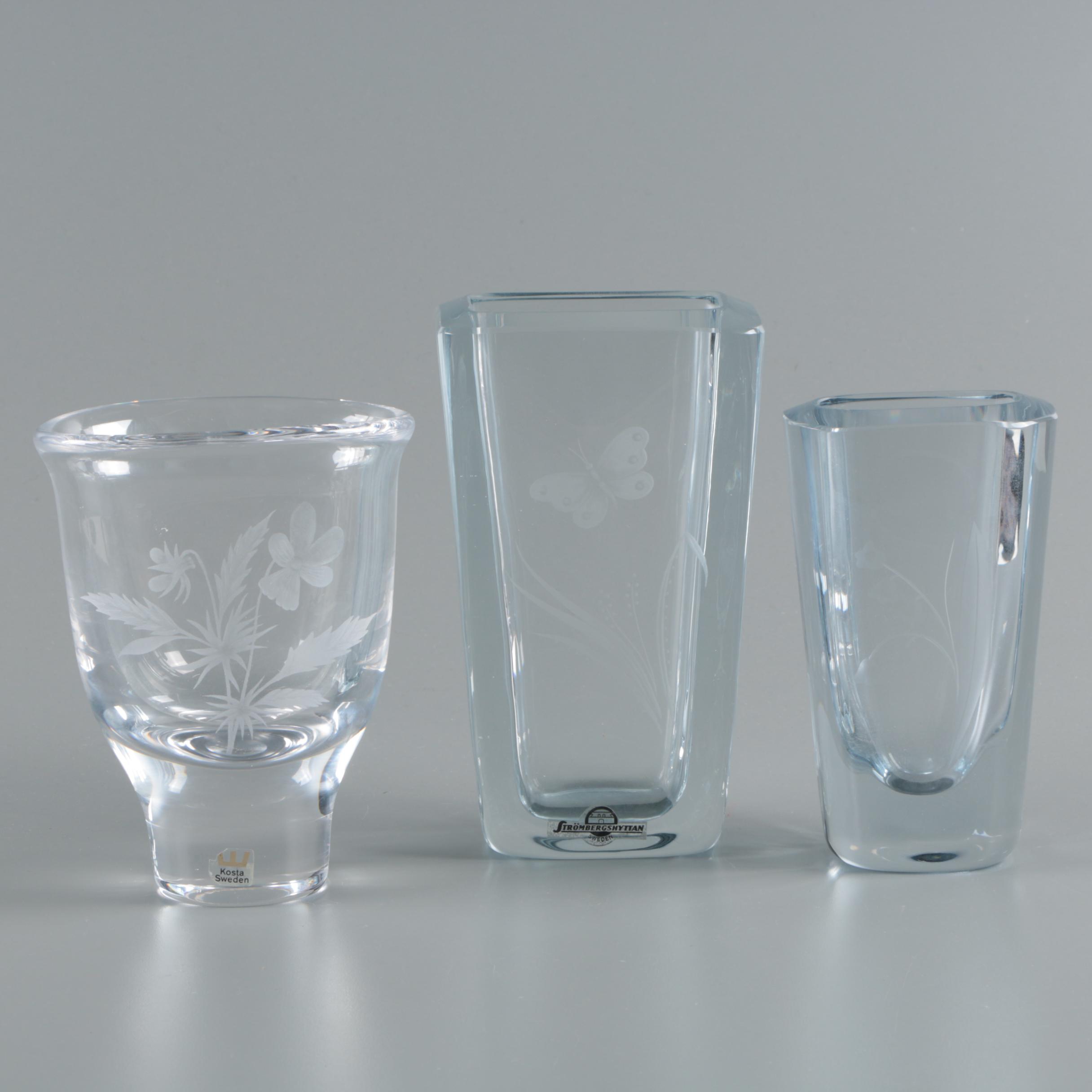 Swedish Crystal and Glass Vases With Etched Floral Motifs