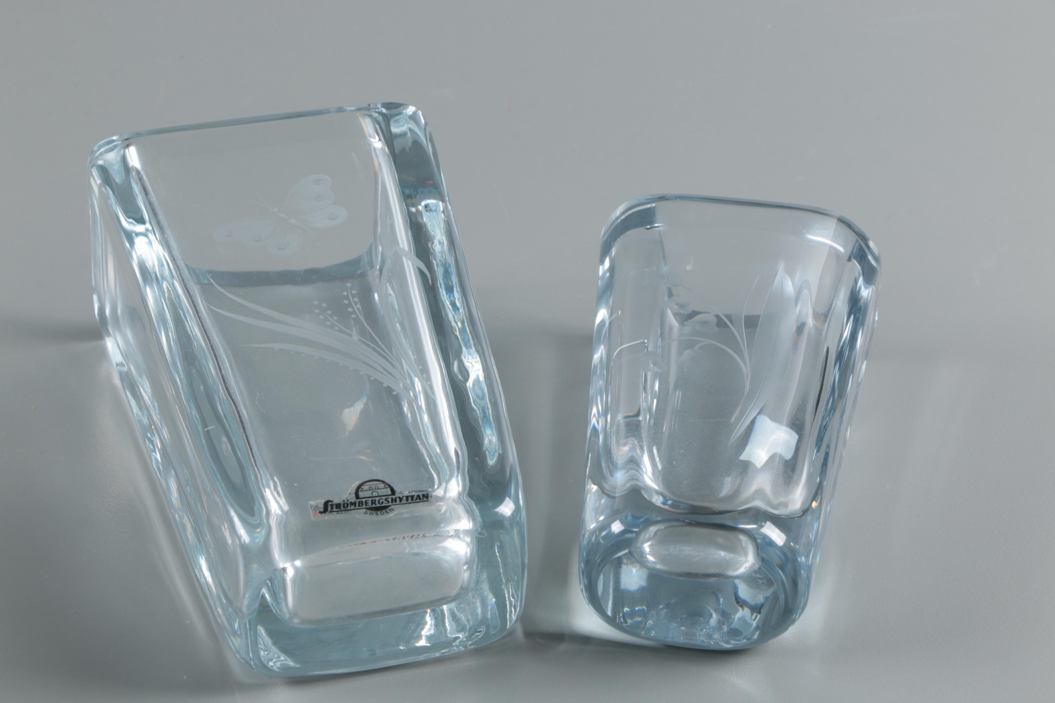Swedish Crystal and Glass Vases With Etched Floral Motifs