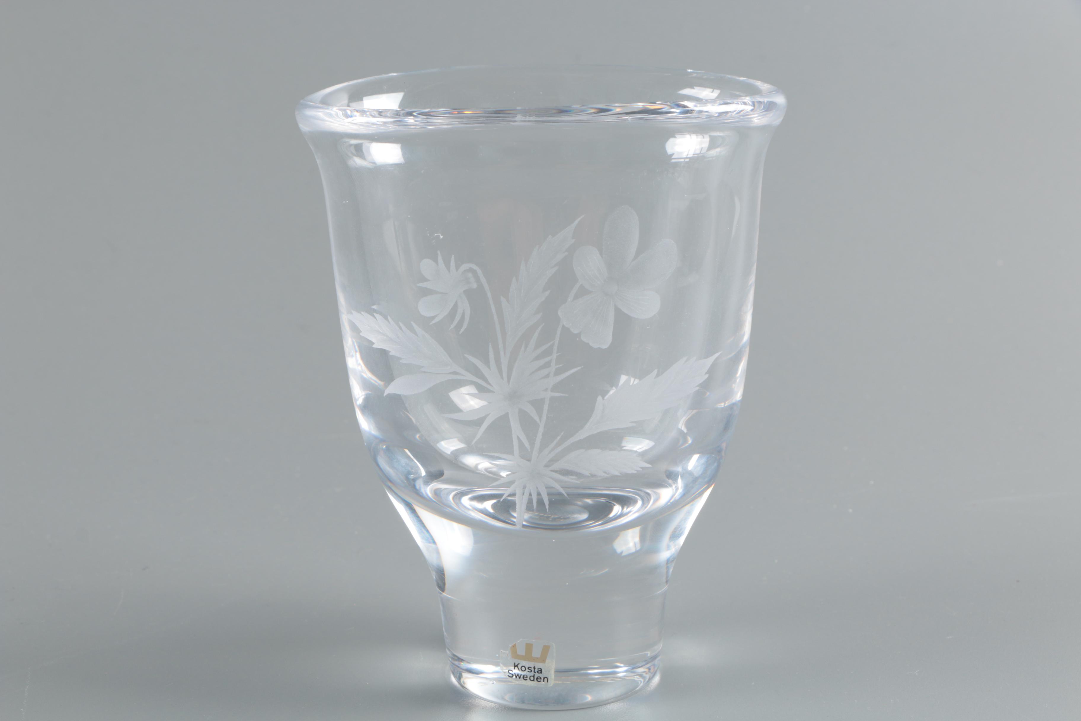 Swedish Crystal and Glass Vases With Etched Floral Motifs