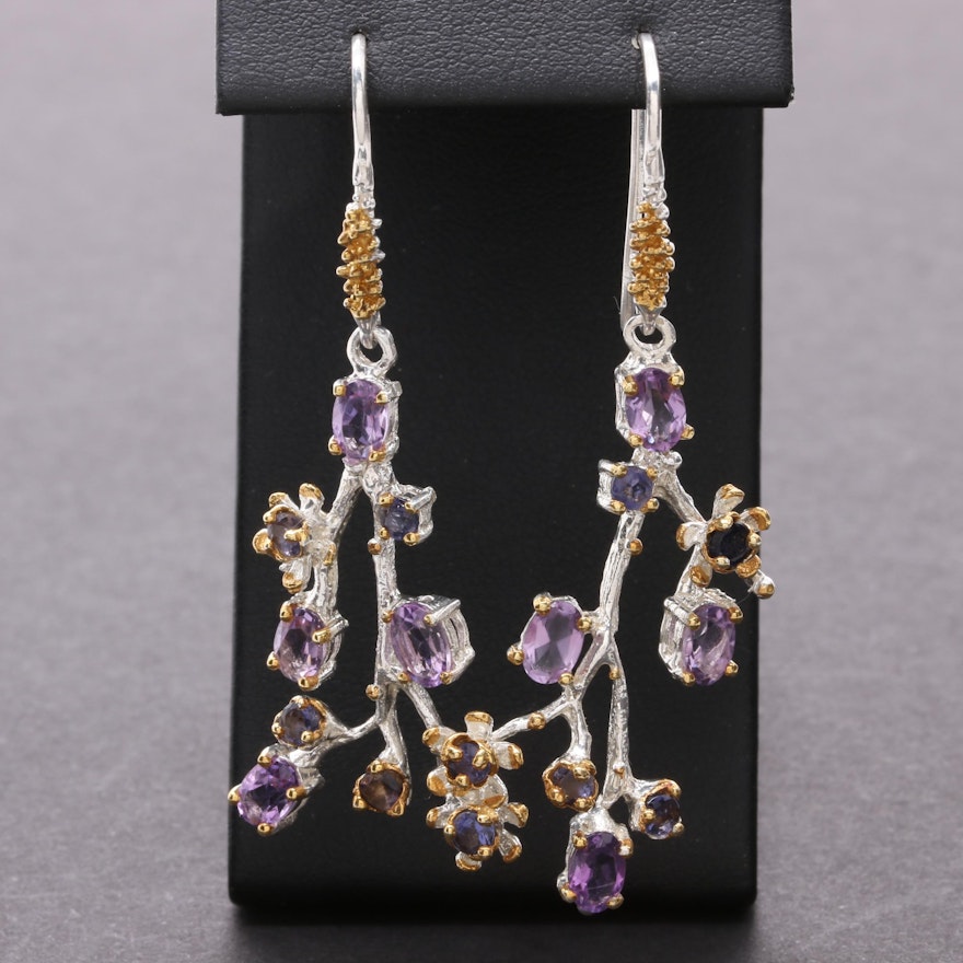 Sterling Silver Amethyst and Iolite Earrings With Gold Wash Accents