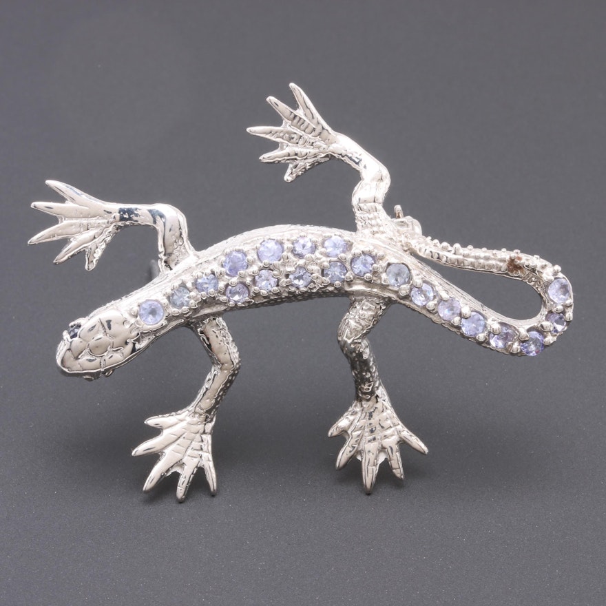 Sterling Silver Tanzanite and Sapphire Lizard Pendant  Brooch
