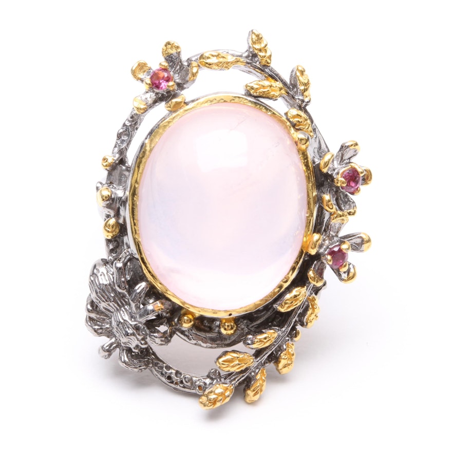 Sterling Silver Rose Quartz and Rhodolite Garnet Ring with Gold Wash Accents