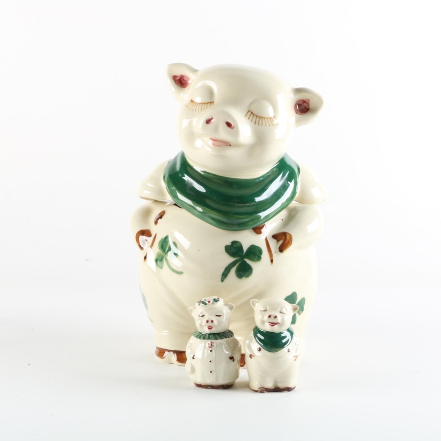 Shawnee Shamrock Smiley Pig Cookie Jar with Shawnee Salt and Pepper Shakers