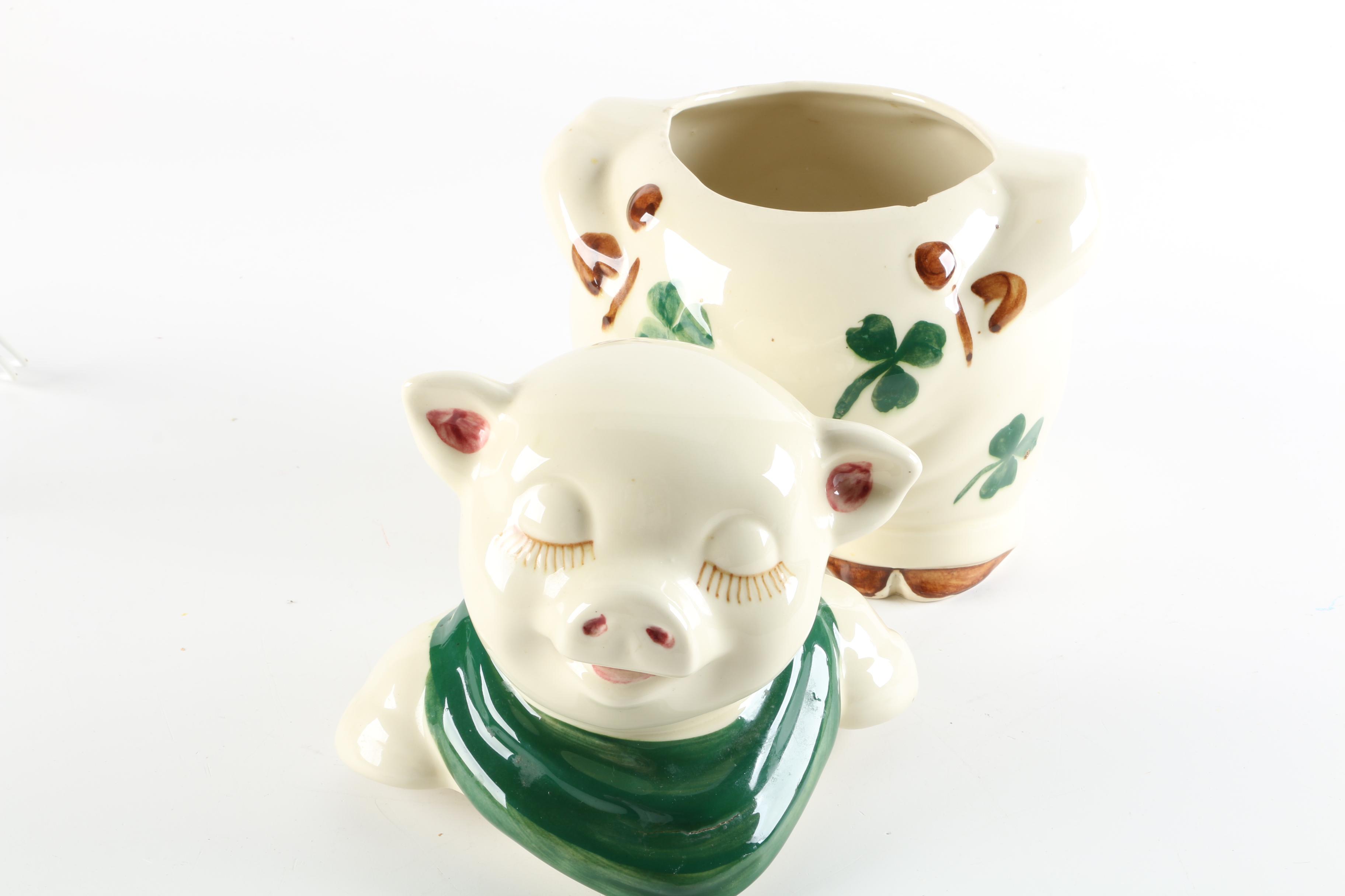 Shawnee Shamrock Smiley Pig Cookie Jar with Shawnee Salt and Pepper Shakers