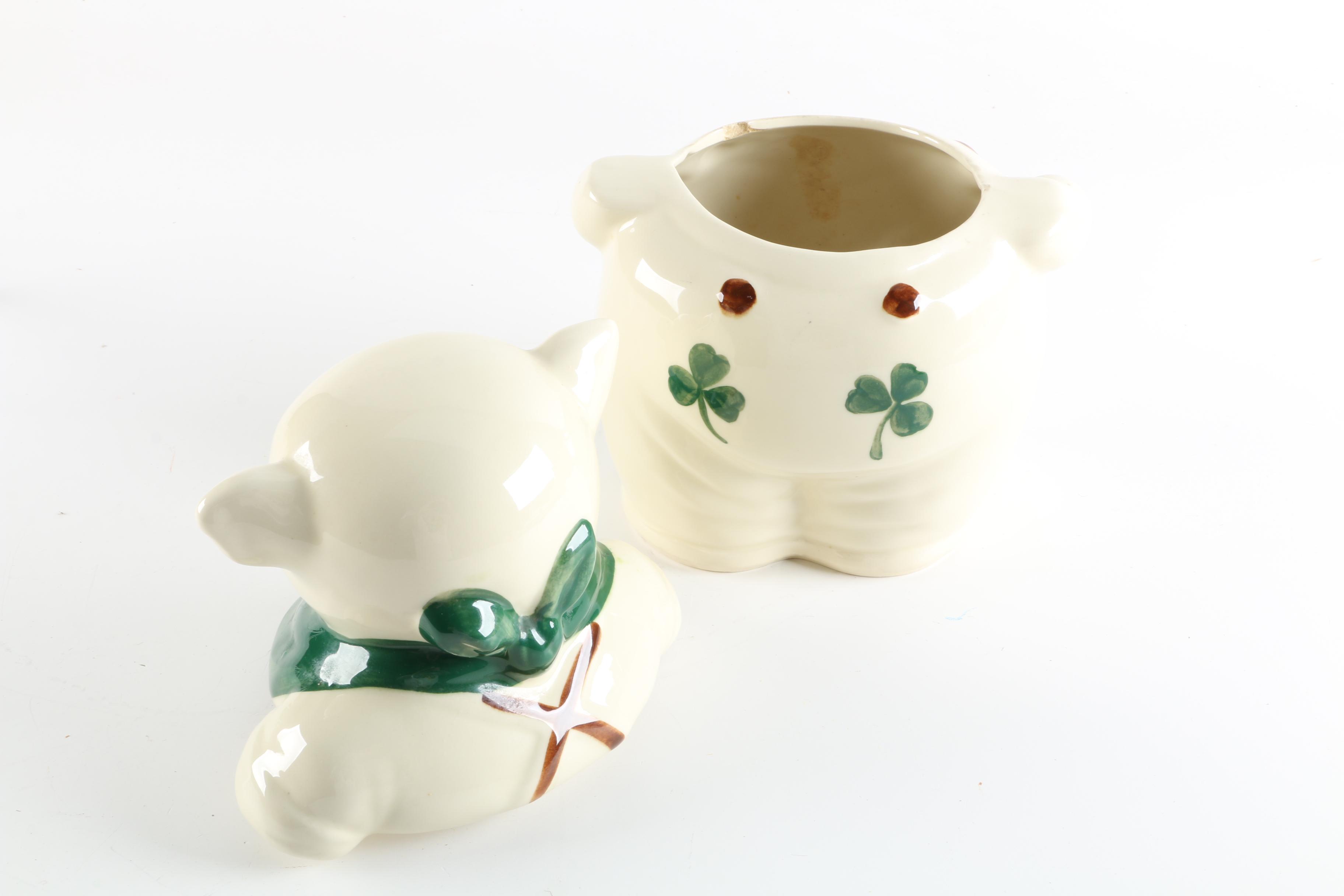 Shawnee Shamrock Smiley Pig Cookie Jar with Shawnee Salt and Pepper Shakers