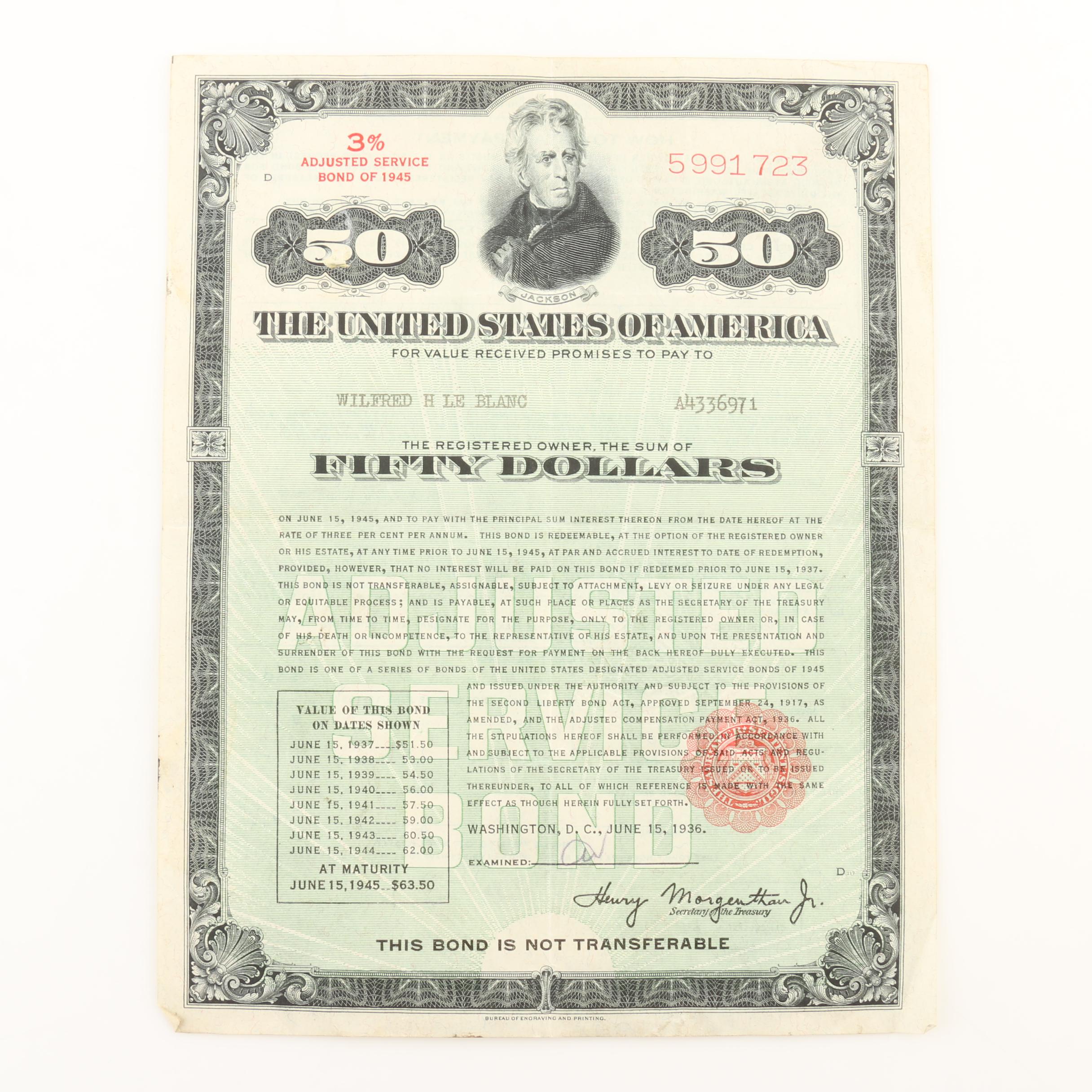 $50 3% Adjusted Service Bond from 1945