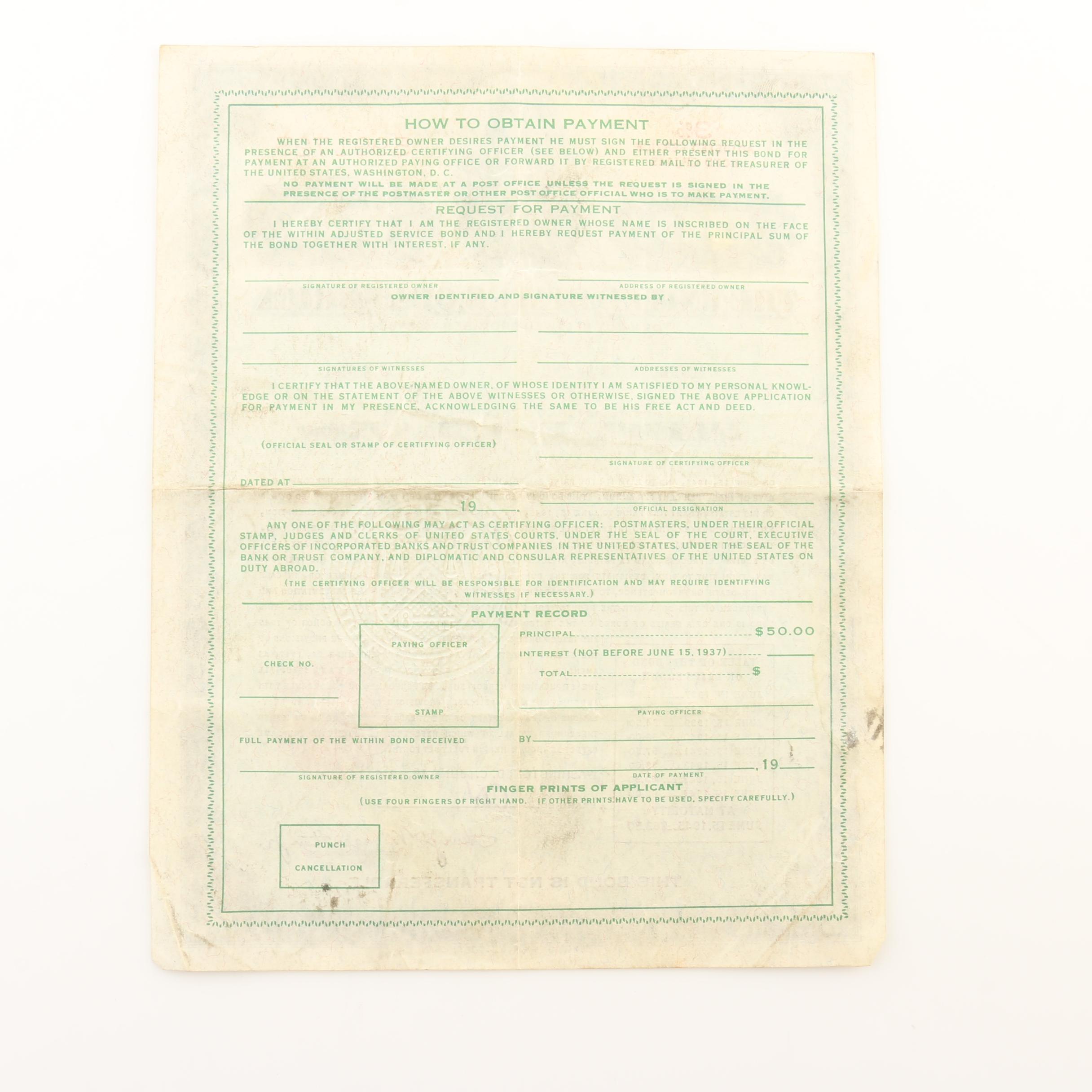 $50 3% Adjusted Service Bond from 1945