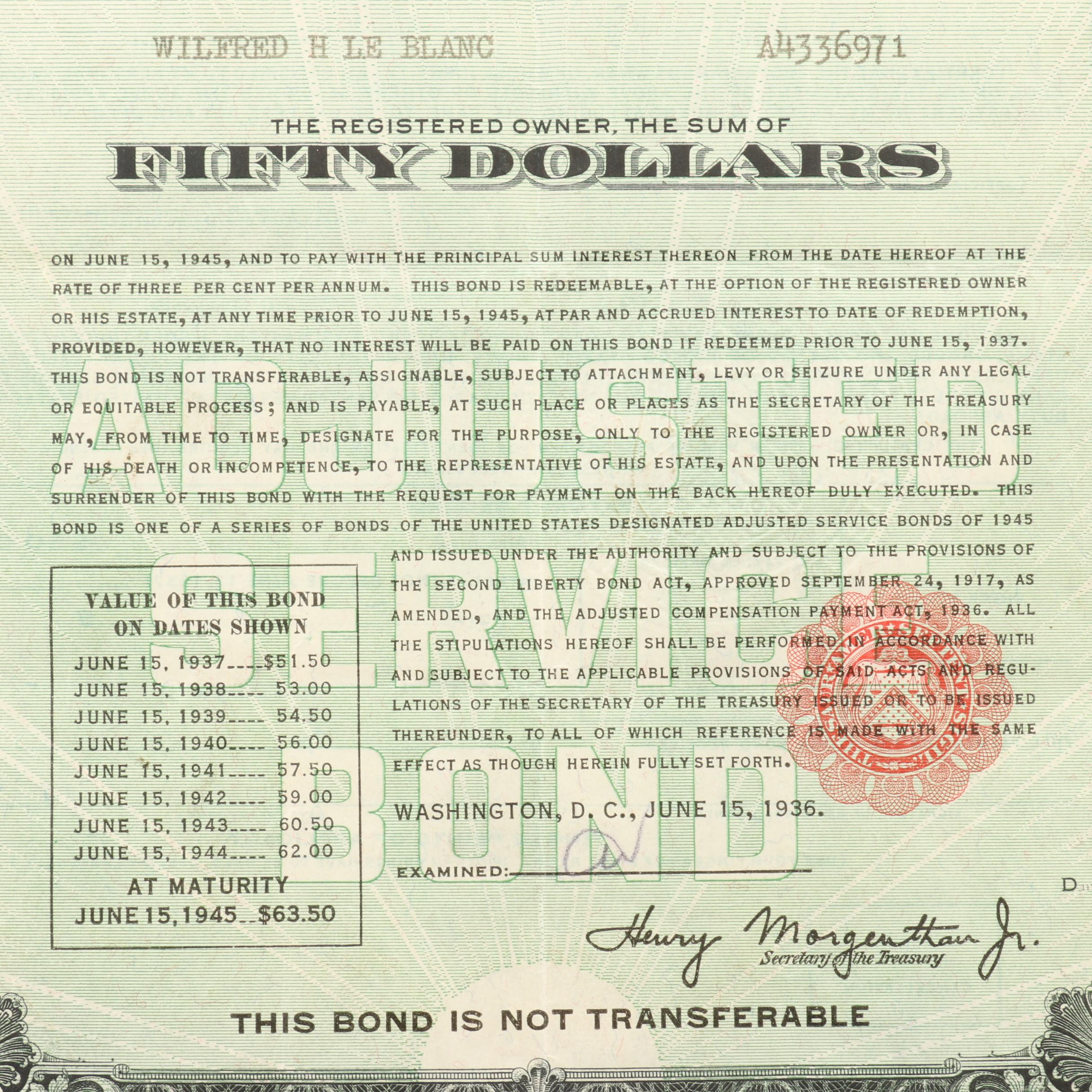 $50 3% Adjusted Service Bond from 1945