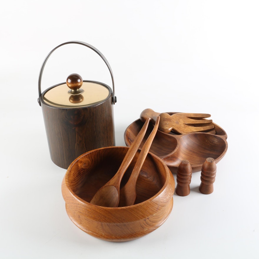 Monkey Pod Bowl and Other Wood Serveware Including Mid-Century Vinyl Ice Bucket