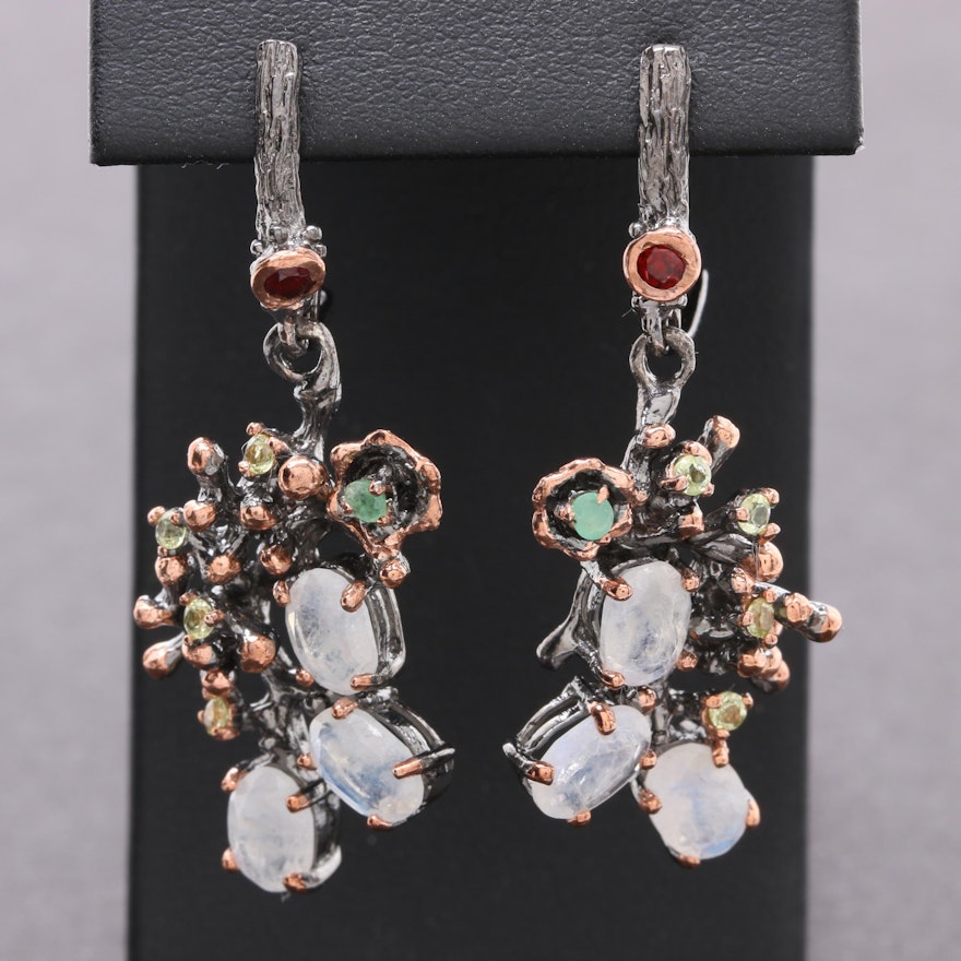 Sterling Silver Rainbow Moonstone, Peridot and Gemstone Earrings