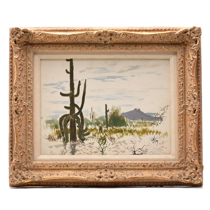 James Swinnerton 1966 Oil on Canvas Board "Saguaro Cactus Near Mexican Border"