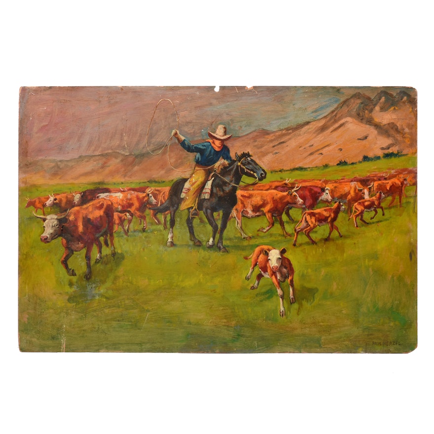 Paul Herzel Oil Painting on Masonite of Lassoing Scene