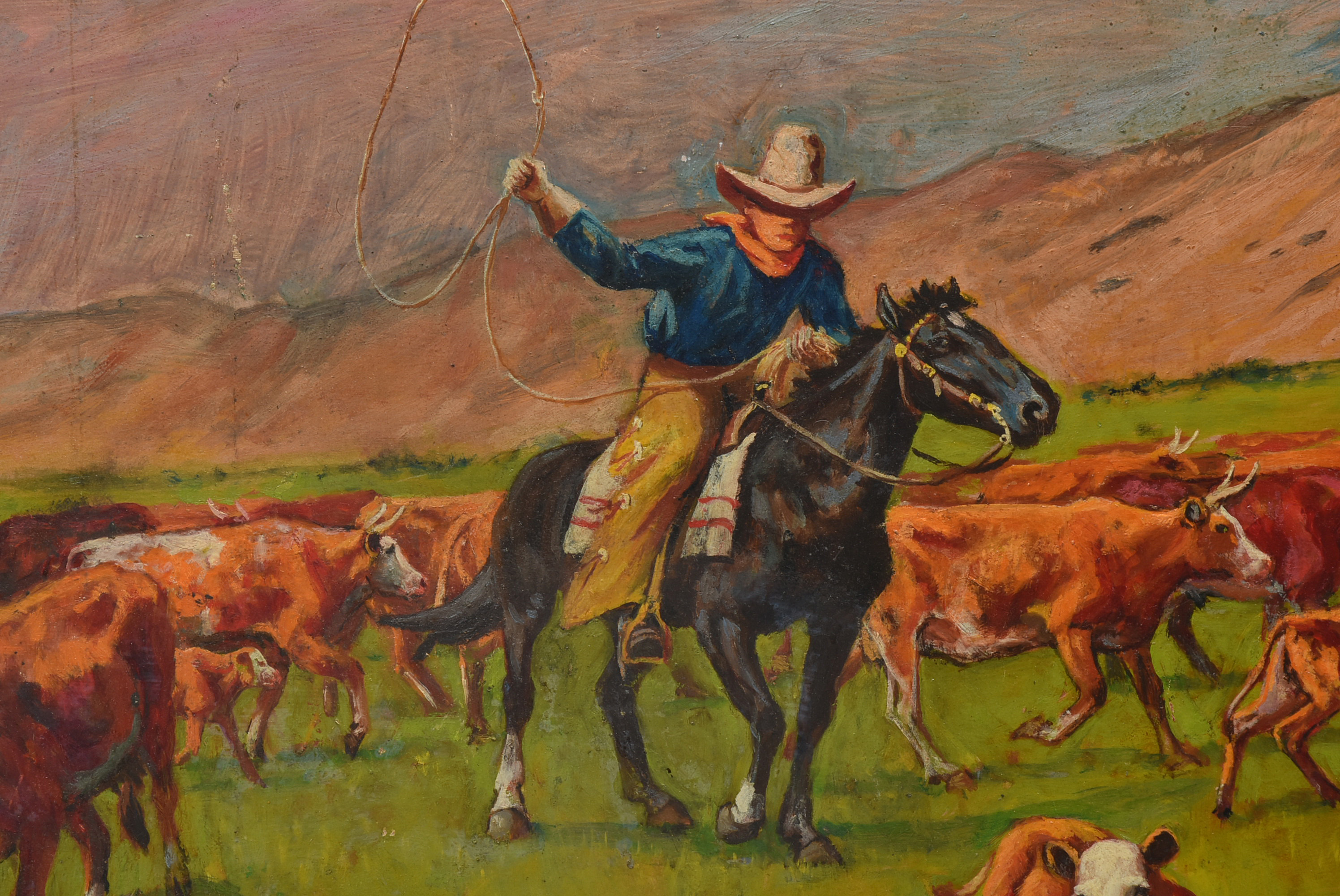 Paul Herzel Oil Painting on Masonite of Lassoing Scene