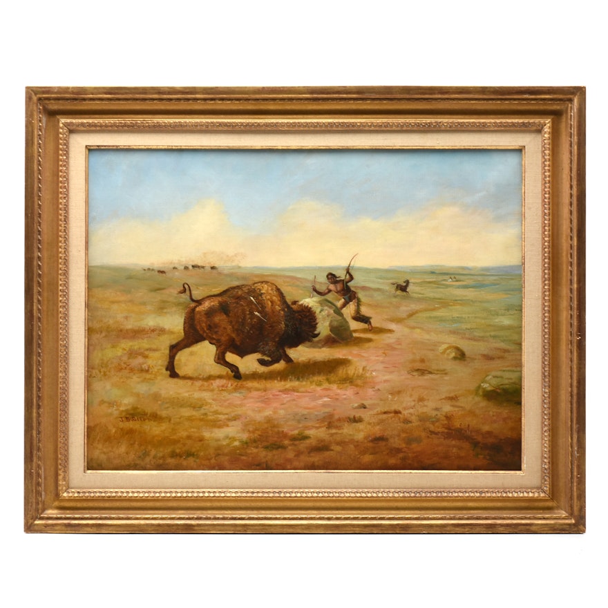 John Delbert Allen Oil Painting on Canvas "Buffalo Bull Attacking Indian"